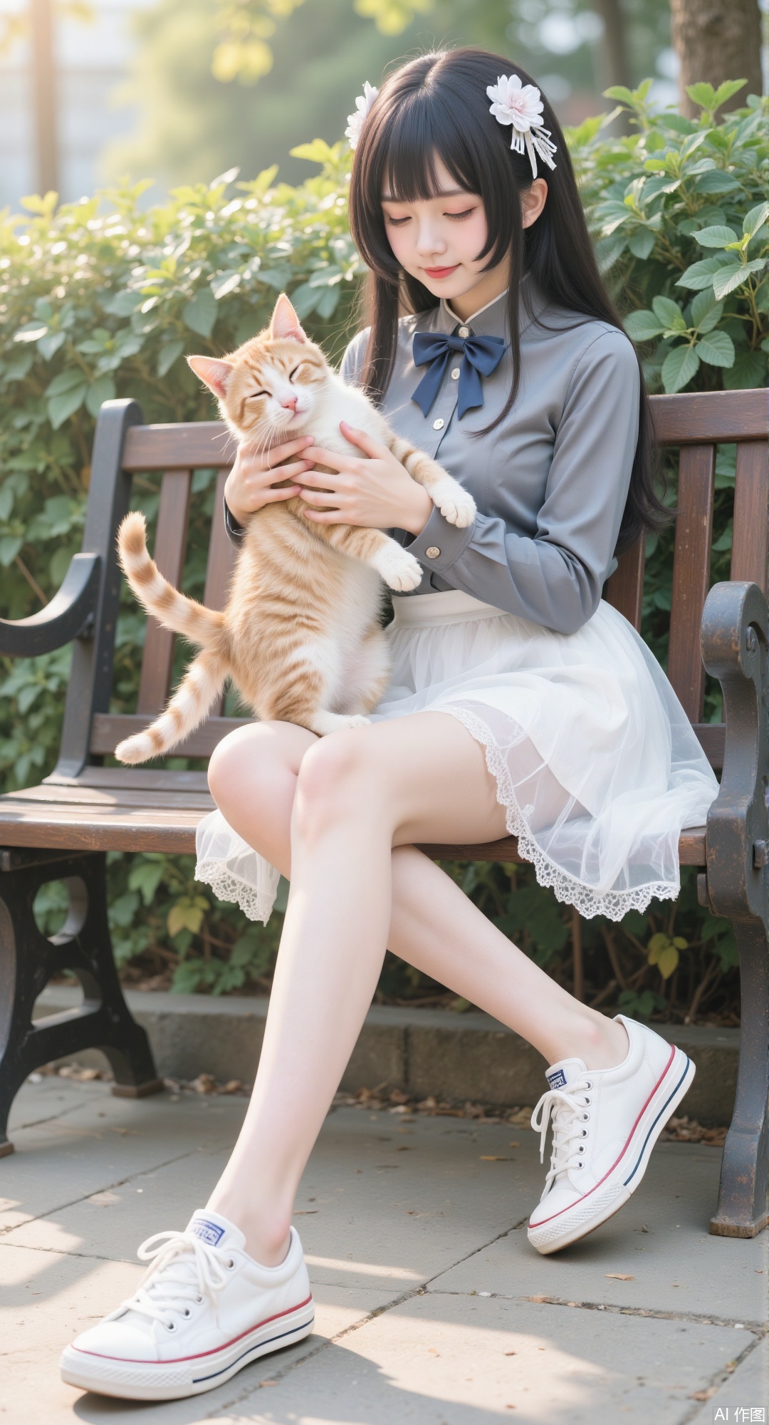 1girl, solo, long hair, bangs, skirt, black hair, long sleeves, holding, sitting, full body, closed eyes, outdoors, shoes, animal, cat, white footwear, white skirt, crossed legs, sneakers, bench, holding animal
