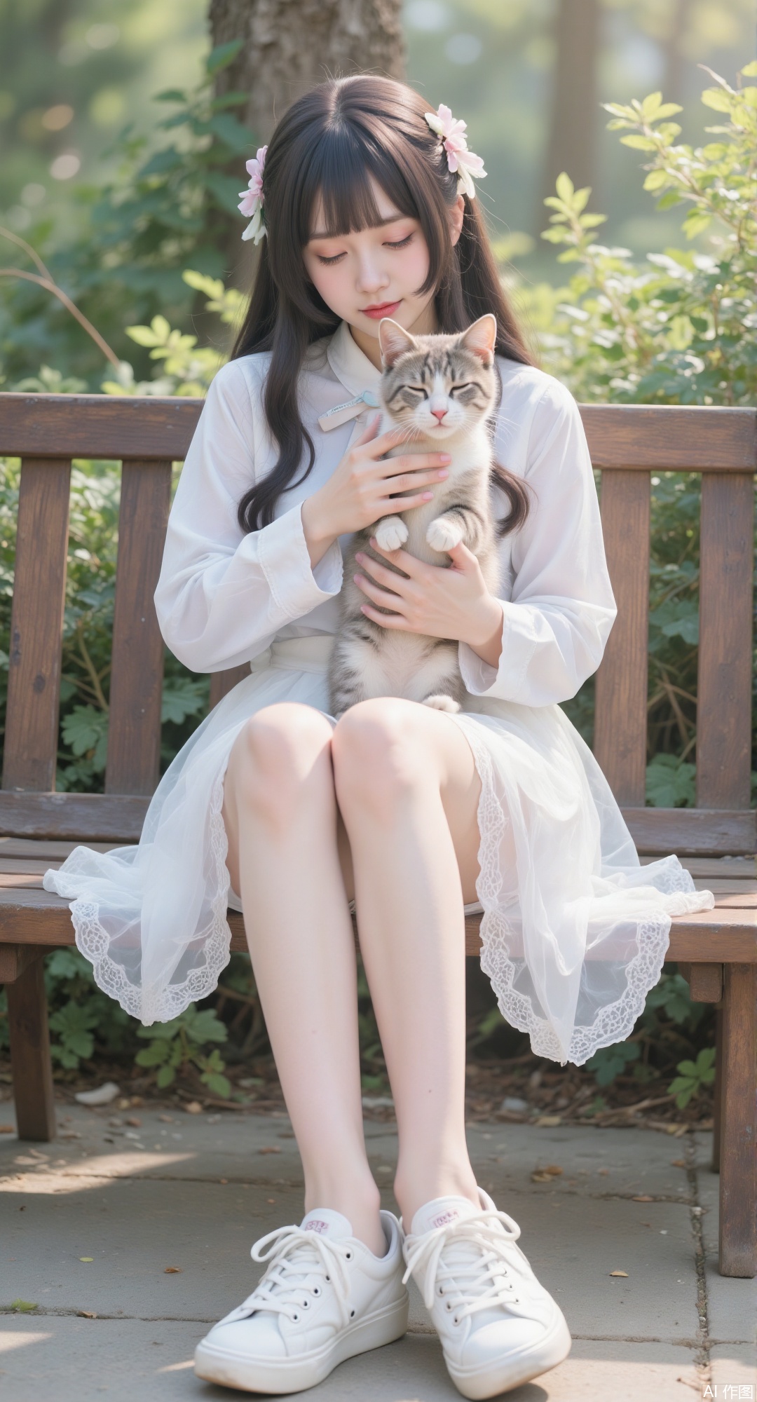 1girl, solo, long hair, bangs, skirt, black hair, long sleeves, holding, sitting, full body, closed eyes, outdoors, shoes, animal, cat, white footwear, white skirt, crossed legs, sneakers, bench, holding animal
