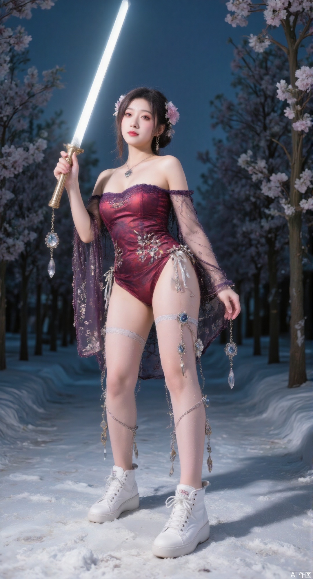 A woman in a crimson cloak stands in the plum forest on a snowy night. Silver - threaded plum blossom patterns on the cloak glimmer faintly in the ambient light, and the sable - hair collar is lightly dusted with snowflakes. A cinnabar flower ornament adorns the space between her eyebrows, and ice - crystal glass hairpins hold her hair in place.
 
In her hand, she wields a glowing lightsaber, its blade radiating a bright, otherworldly light that pierces through the wintry darkness. The light reflects off the snow, creating a magical, dancing play of illumination.
 
Her legs are a captivating focal point. She sports white high - top sneakers with a contemporary, streamlined design. Her lower body is adorned with an organza mini - skirt. The sheer organza fabric, delicately embroidered with plum blossom motifs, flutters gently in the cold breeze.
 
Twelve exquisite leg pendants hang from her legs. These pendants are crafted with meticulous detail, featuring a combination of precious metals and gem - like accents. They dangle from her thighs and calves, catching the light from the lightsaber and the snow's reflection, adding a touch of glamour and allure. Her legs, sheathed in sheer black stockings, showcase a shapely and toned figure. The stockings hug her thighs and calves tightly, accentuating every curve and contour.
 
The dark blue night sky forms a cold and dramatic backdrop, in contrast to the snow - covered ground. The intense glow of the lightsaber bathes her face, while the Pentax lens's buttery highlight emphasizes the texture of the snow, the details of her legs, the embroidery on the skirt, the sleekness of her sneakers, and the sparkle of the leg pendants. This unique blend of classical elements, wintery charm, a sci - fi touch with the lightsaber, and the leg - centric focus creates a visually stunning and unforgettable scene.black hair,cross legs