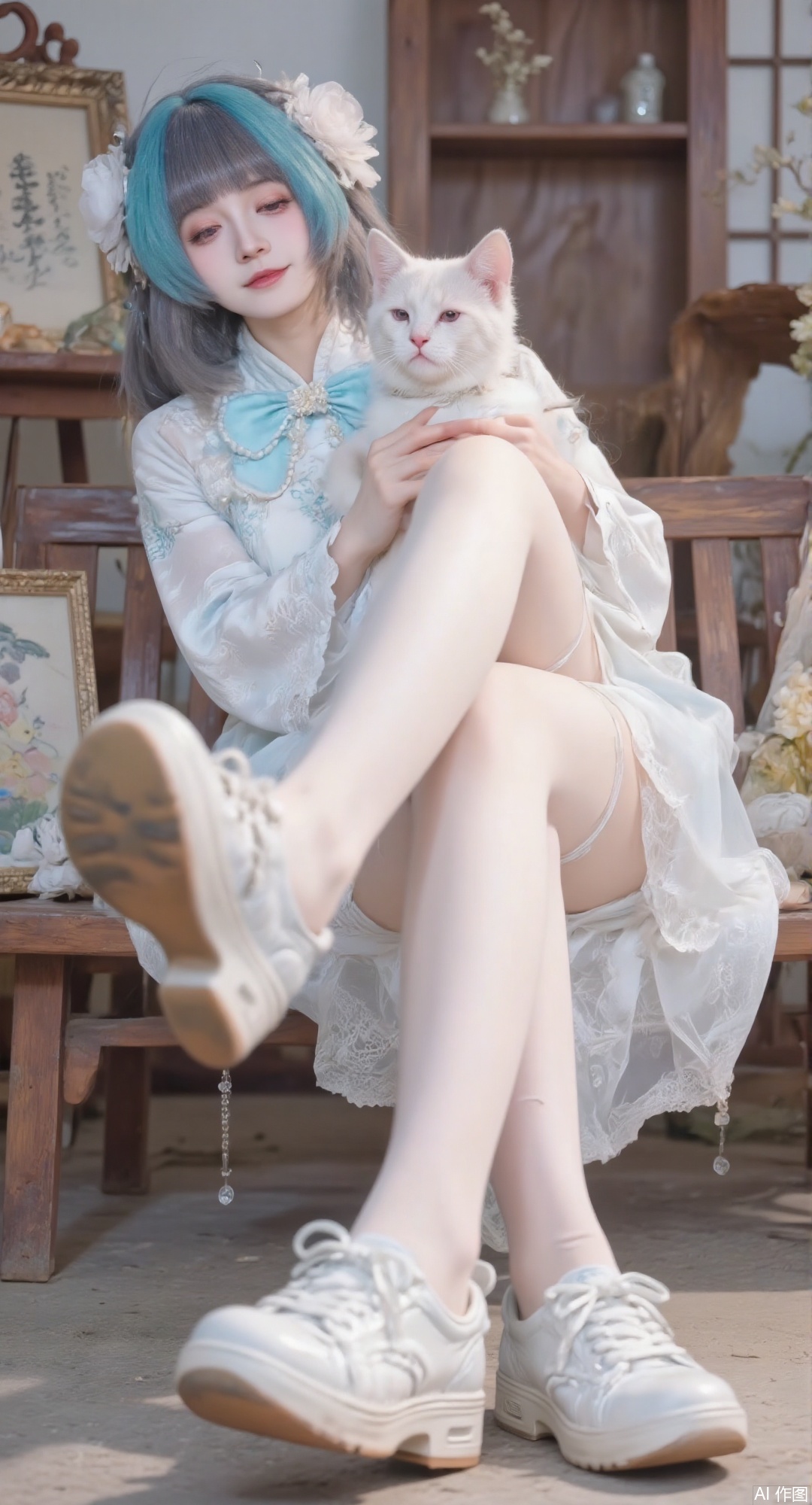 1girl, solo, long hair, bangs, skirt, black hair, long sleeves, holding, sitting, full body, closed eyes, outdoors, shoes, animal, cat, white footwear, white skirt, crossed legs, sneakers, bench, holding animal
