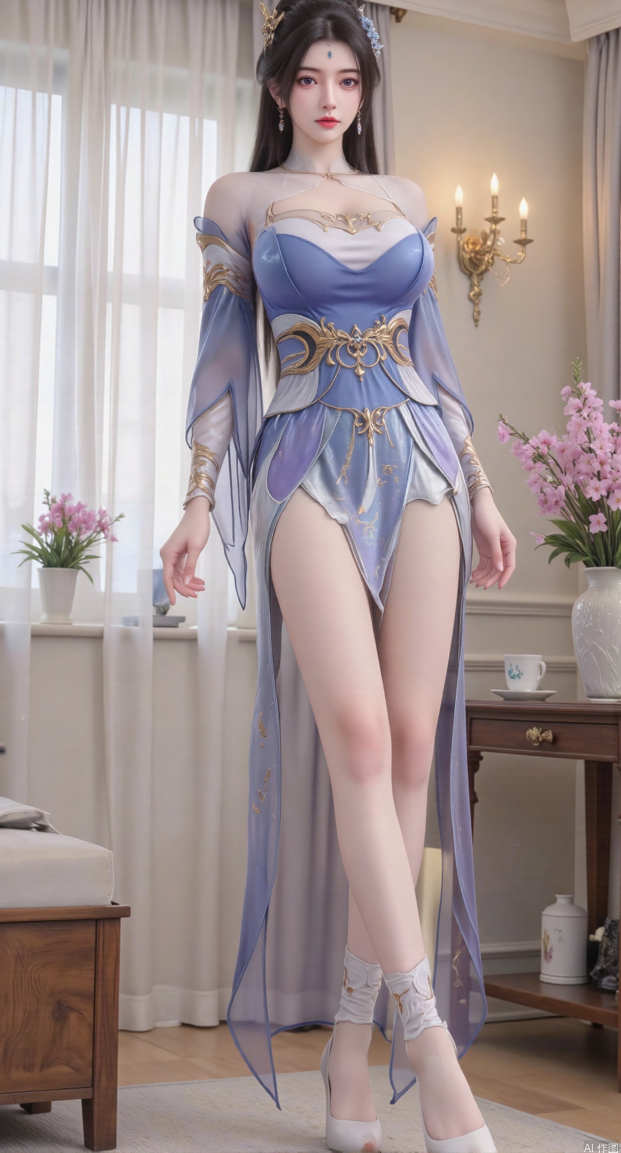 Ultra clear, wallpaper, 8k, masterpiece, 1girl, solo, long hair, breasts, looking at viewer, bangs, large breasts,long dress,, bare shoulders, jewelry, black hair, standing, purple eyes, full body, flower, thighs, indoors, hair bun, long dress, high heels, cup, see-through, book, bare legs, window, table, white footwear, standing on one leg, curtains, pink flower, side slit, vase, ,(huge breasts:2.99),(full breasts:2.99),phone screen,XanmiaoyiY,XhuolingerHHY,XwangqiuerKQW,Xxuenv,Xnanqiuqiu,Xhuangnv,XchuxuanerX,XchuxuanerXY