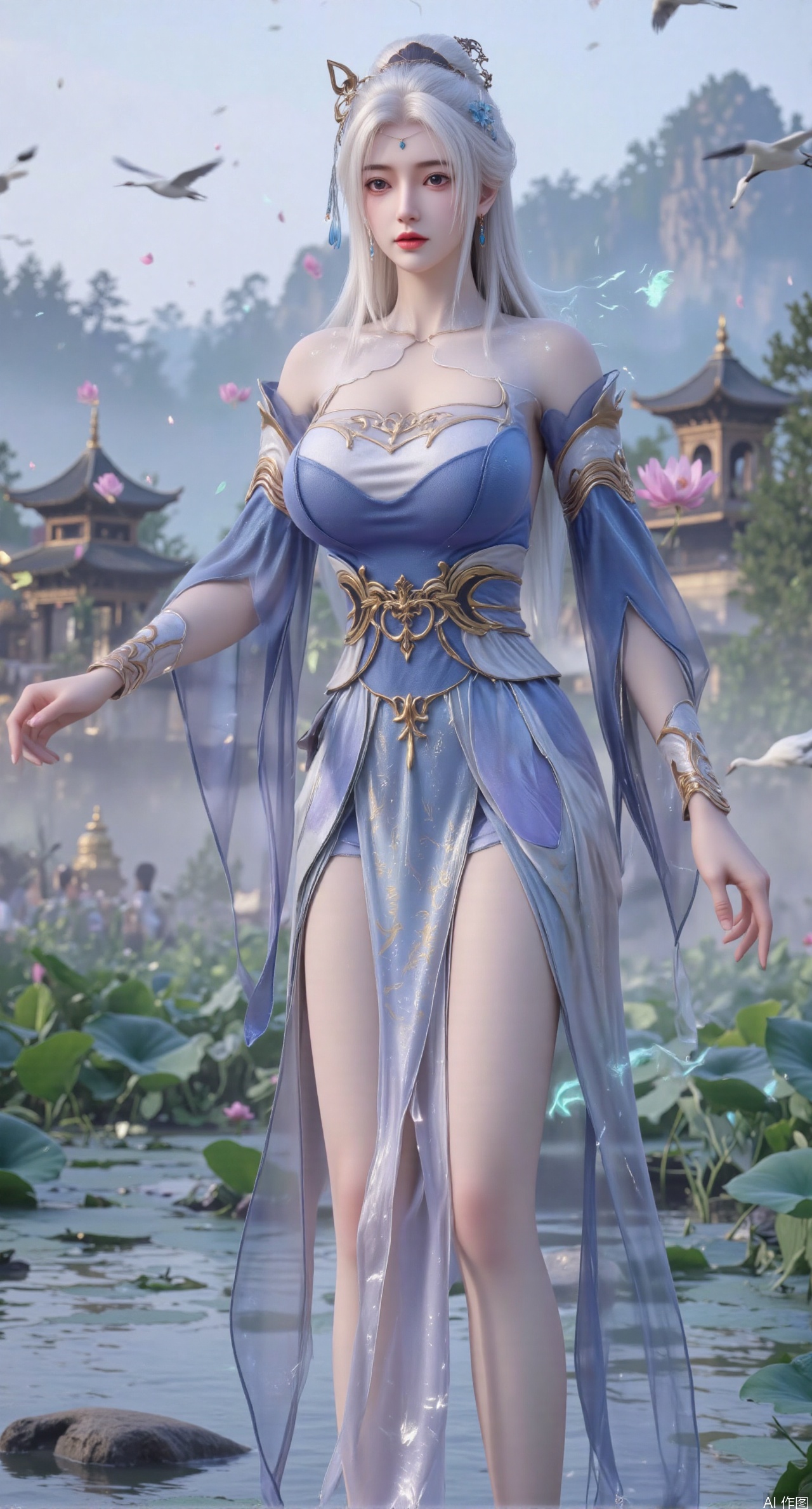 SFW,(masterpiece:1.2),best quality,1girl,solo,long hair,long dress,celestial maiden in flowing tulle gown levitates above lotus pond, ethereal mist trails from hair ribbons, mythical Penglai paradise emerges through clouds with glowing pavilions, translucent bioluminescent lotus blooms, flock of cranes gliding over water surface, ultra HD with soft 3D rendering, morning light filters through mist, falling petal rain, intricate details on scale-patterned fabric and lotus veins.(huge breasts:2.99),(full breasts:2.99),XanmiaoyiY,XhuolingerHHY,XwangqiuerKQW,Xxuenv,Xnanqiuqiu,Xhuangnv,XchuxuanerX,XchuxuanerXY