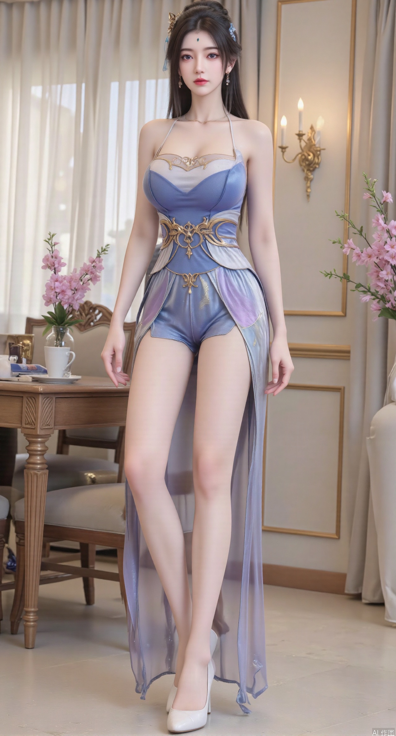 Ultra clear, wallpaper, 8k, masterpiece, 1girl, solo, long hair, breasts, looking at viewer, bangs, large breasts,long dress,, bare shoulders, jewelry, black hair, standing, purple eyes, full body, flower, thighs, indoors, hair bun, long dress, high heels, cup, see-through, book, bare legs, window, table, white footwear, standing on one leg, curtains, pink flower, side slit, vase, ,(huge breasts:2.99),(full breasts:2.99),phone screen,XanmiaoyiY,XhuolingerHHY,XwangqiuerKQW,Xxuenv,Xnanqiuqiu,Xhuangnv,XchuxuanerX,XchuxuanerXY