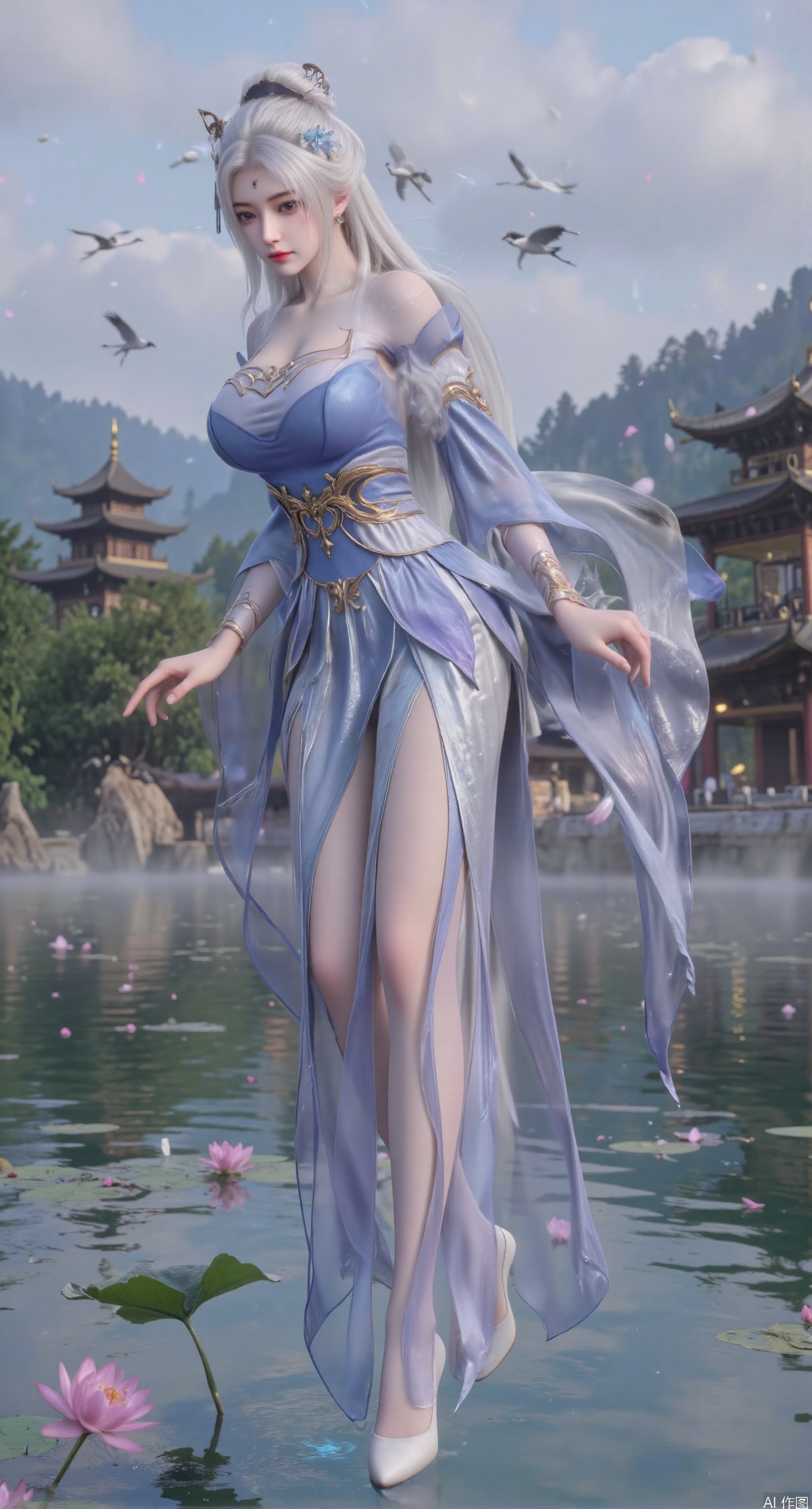 SFW,(masterpiece:1.2),best quality,1girl,solo,long hair,long dress,celestial maiden in flowing tulle gown levitates above lotus pond, ethereal mist trails from hair ribbons, mythical Penglai paradise emerges through clouds with glowing pavilions, translucent bioluminescent lotus blooms, flock of cranes gliding over water surface, ultra HD with soft 3D rendering, morning light filters through mist, falling petal rain, intricate details on scale-patterned fabric and lotus veins.(huge breasts:2.99),(full breasts:2.99),XanmiaoyiY,XhuolingerHHY,XwangqiuerKQW,Xxuenv,Xnanqiuqiu,Xhuangnv,XchuxuanerX,XchuxuanerXY