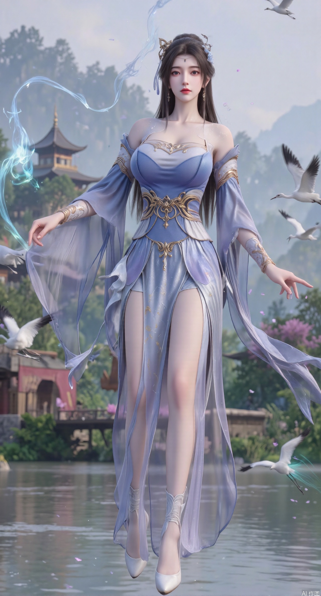SFW,(masterpiece:1.2),best quality,1girl,solo,long hair,long dress,celestial maiden in flowing tulle gown levitates above lotus pond, ethereal mist trails from hair ribbons, mythical Penglai paradise emerges through clouds with glowing pavilions, translucent bioluminescent lotus blooms, flock of cranes gliding over water surface, ultra HD with soft 3D rendering, morning light filters through mist, falling petal rain, intricate details on scale-patterned fabric and lotus veins.(huge breasts:2.99),(full breasts:2.99),XanmiaoyiY,XhuolingerHHY,XwangqiuerKQW,Xxuenv,Xnanqiuqiu,Xhuangnv,XchuxuanerX,XchuxuanerXY