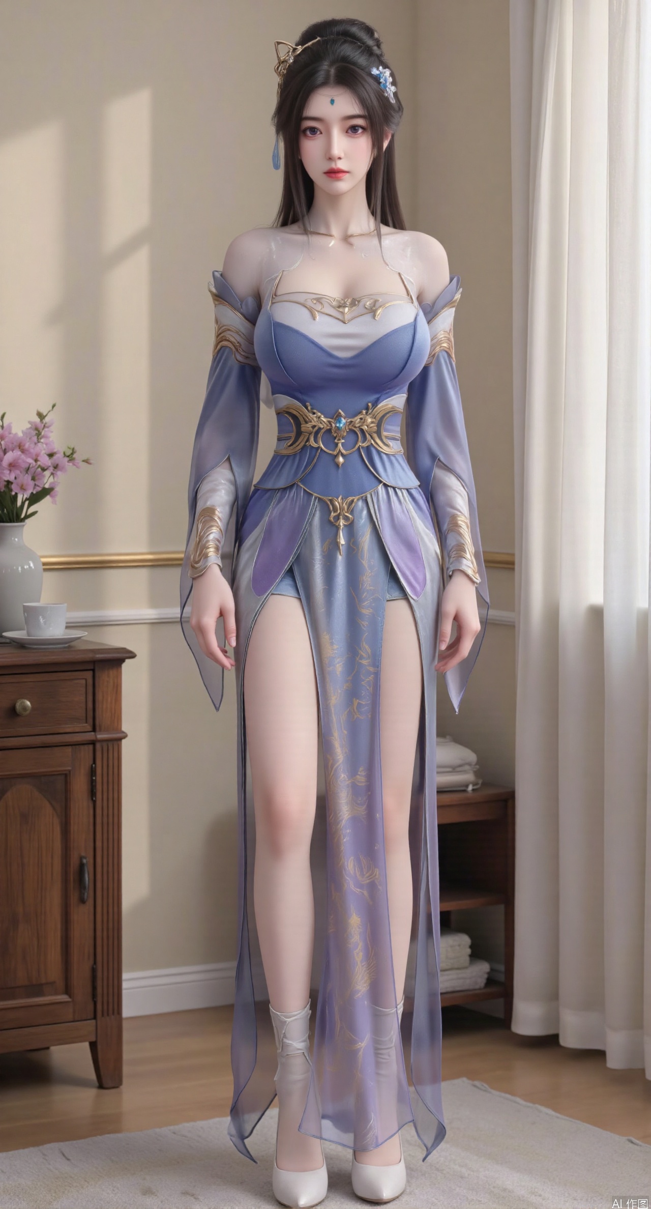 Ultra clear, wallpaper, 8k, masterpiece, 1girl, solo, long hair, breasts, looking at viewer, bangs, large breasts,long dress,, bare shoulders, jewelry, black hair, standing, purple eyes, full body, flower, thighs, indoors, hair bun, long dress, high heels, cup, see-through, book, bare legs, window, table, white footwear, standing on one leg, curtains, pink flower, side slit, vase, ,(huge breasts:2.99),(full breasts:2.99),phone screen,XanmiaoyiY,XhuolingerHHY,XwangqiuerKQW,Xxuenv,Xnanqiuqiu,Xhuangnv,XchuxuanerX,XchuxuanerXY,Xjuzi