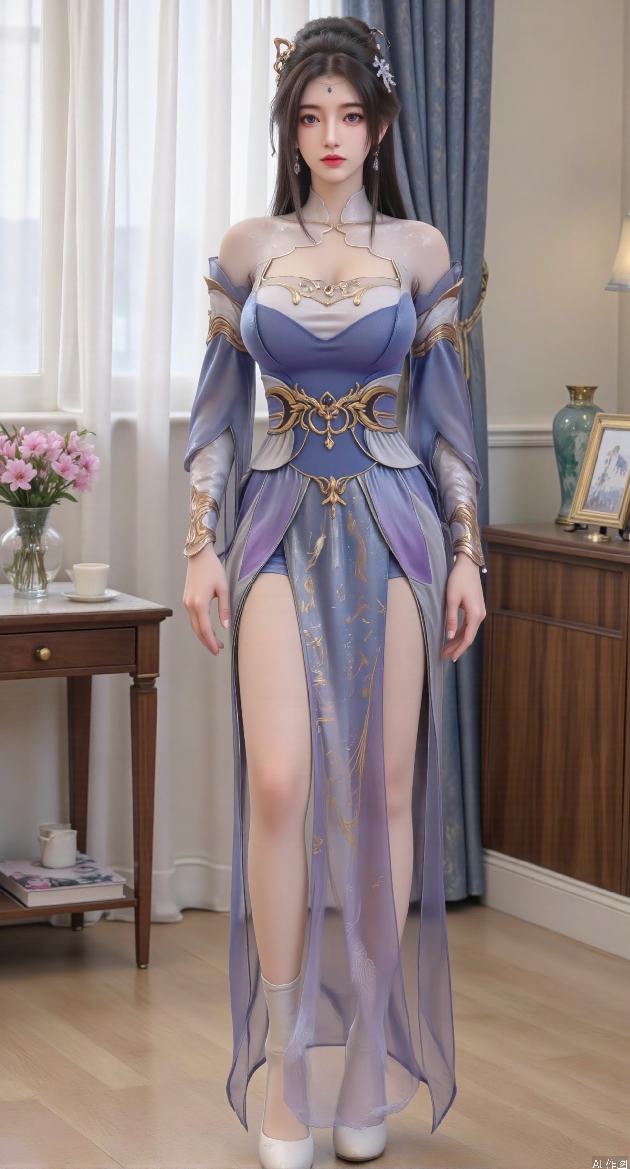 Ultra clear, wallpaper, 8k, masterpiece, 1girl, solo, long hair, breasts, looking at viewer, bangs, large breasts,long dress,, bare shoulders, jewelry, black hair, standing, purple eyes, full body, flower, thighs, indoors, hair bun, long dress, high heels, cup, see-through, book, bare legs, window, table, white footwear, standing on one leg, curtains, pink flower, side slit, vase, ,(huge breasts:2.99),(full breasts:2.99),phone screen,XanmiaoyiY,XhuolingerHHY,XwangqiuerKQW,Xxuenv,Xnanqiuqiu,Xhuangnv,XchuxuanerX,XchuxuanerXY,Xjuzi