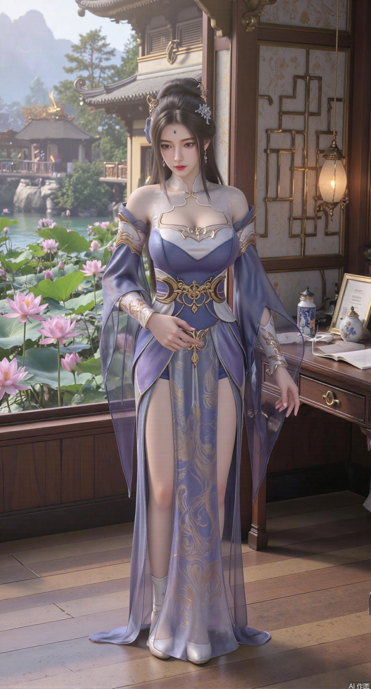 SFW,(masterpiece, best quality:1.2),1girl, solo, long dress,Ancient princess's boudoir with bright color palette,,(huge breasts:2.39),(full breasts:2.39), Hanfu-clad maiden sitting by latticed window desk in romantic daydreaming posture, classical Chinese garden through window showcasing lotus pond filled with blooming pink and white lotuses, delicate ink-wash painting style, interior featuring rosewood furniture with mother-of-pearl inlay, silk curtains fluttering in breeze, porcelain stationery set on desk, distant view of curved bridges and pavilions in garden, ultra HD rendering with crisp details on embroidered garments and translucent lotus petals,,(huge breasts:2.99),(full breasts:2.99),,XtianqiongY,XliumeiY,XyueliuY,Xxiaowu,Xyusanniang,Xxuenv,XchuxuanerXY,XchuxuanerX,Xhuangnv,Xshangguanweier
