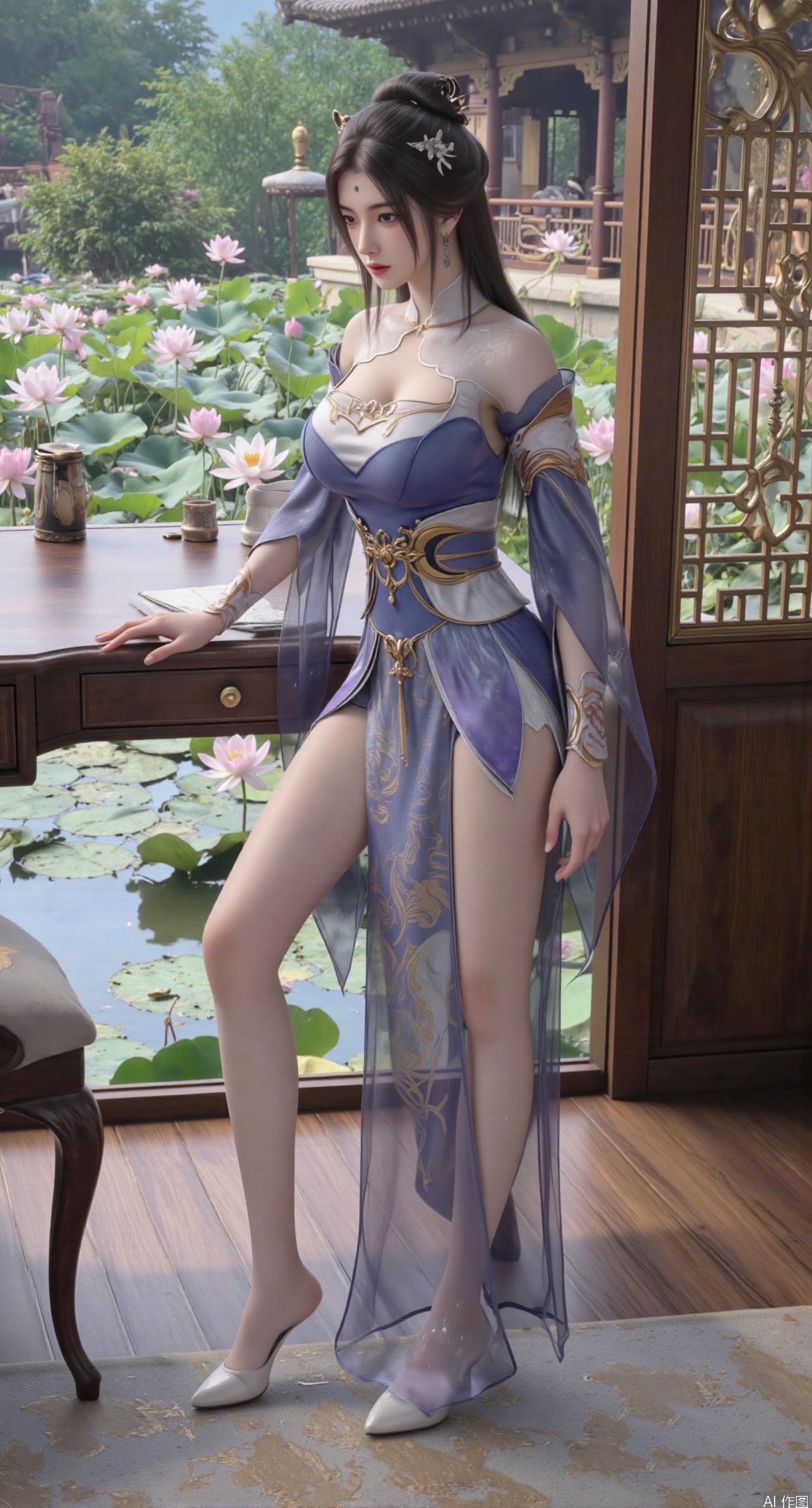 SFW,(masterpiece, best quality:1.2),1girl, solo, long dress,Ancient princess's boudoir with bright color palette,,(huge breasts:2.39),(full breasts:2.39), Hanfu-clad maiden sitting by latticed window desk in romantic daydreaming posture, classical Chinese garden through window showcasing lotus pond filled with blooming pink and white lotuses, delicate ink-wash painting style, interior featuring rosewood furniture with mother-of-pearl inlay, silk curtains fluttering in breeze, porcelain stationery set on desk, distant view of curved bridges and pavilions in garden, ultra HD rendering with crisp details on embroidered garments and translucent lotus petals,,(huge breasts:2.99),(full breasts:2.99),,XtianqiongY,XliumeiY,XyueliuY,Xxiaowu,Xyusanniang,Xxuenv,XchuxuanerXY,XchuxuanerX,Xhuangnv,Xshangguanweier