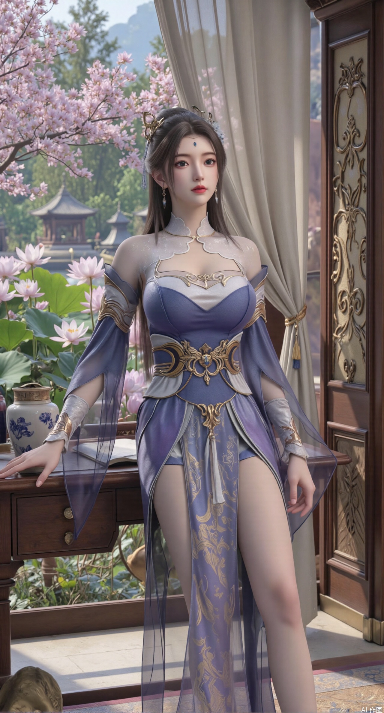 SFW,(masterpiece, best quality:1.2),1girl, solo, long dress,Ancient princess's boudoir with bright color palette,,(huge breasts:2.39),(full breasts:2.39), Hanfu-clad maiden sitting by latticed window desk in romantic daydreaming posture, classical Chinese garden through window showcasing lotus pond filled with blooming pink and white lotuses, delicate ink-wash painting style, interior featuring rosewood furniture with mother-of-pearl inlay, silk curtains fluttering in breeze, porcelain stationery set on desk, distant view of curved bridges and pavilions in garden, ultra HD rendering with crisp details on embroidered garments and translucent lotus petals,,(huge breasts:2.99),(full breasts:2.99),,XtianqiongY,XliumeiY,XyueliuY,Xxiaowu,Xyusanniang,Xxuenv,XchuxuanerXY,XchuxuanerX,Xhuangnv,Xshangguanweier