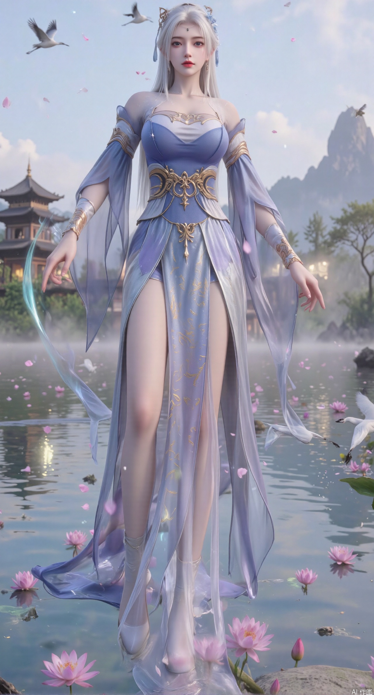 SFW,(masterpiece:1.2),best quality,1girl,solo,long hair,long dress,celestial maiden in flowing tulle gown levitates above lotus pond, ethereal mist trails from hair ribbons, mythical Penglai paradise emerges through clouds with glowing pavilions, translucent bioluminescent lotus blooms, flock of cranes gliding over water surface, ultra HD with soft 3D rendering, morning light filters through mist, falling petal rain, intricate details on scale-patterned fabric and lotus veins.(huge breasts:2.99),(full breasts:2.99),XanmiaoyiY,XhuolingerHHY,XwangqiuerKQW,Xxuenv,Xnanqiuqiu,Xhuangnv,XchuxuanerX,XchuxuanerXY