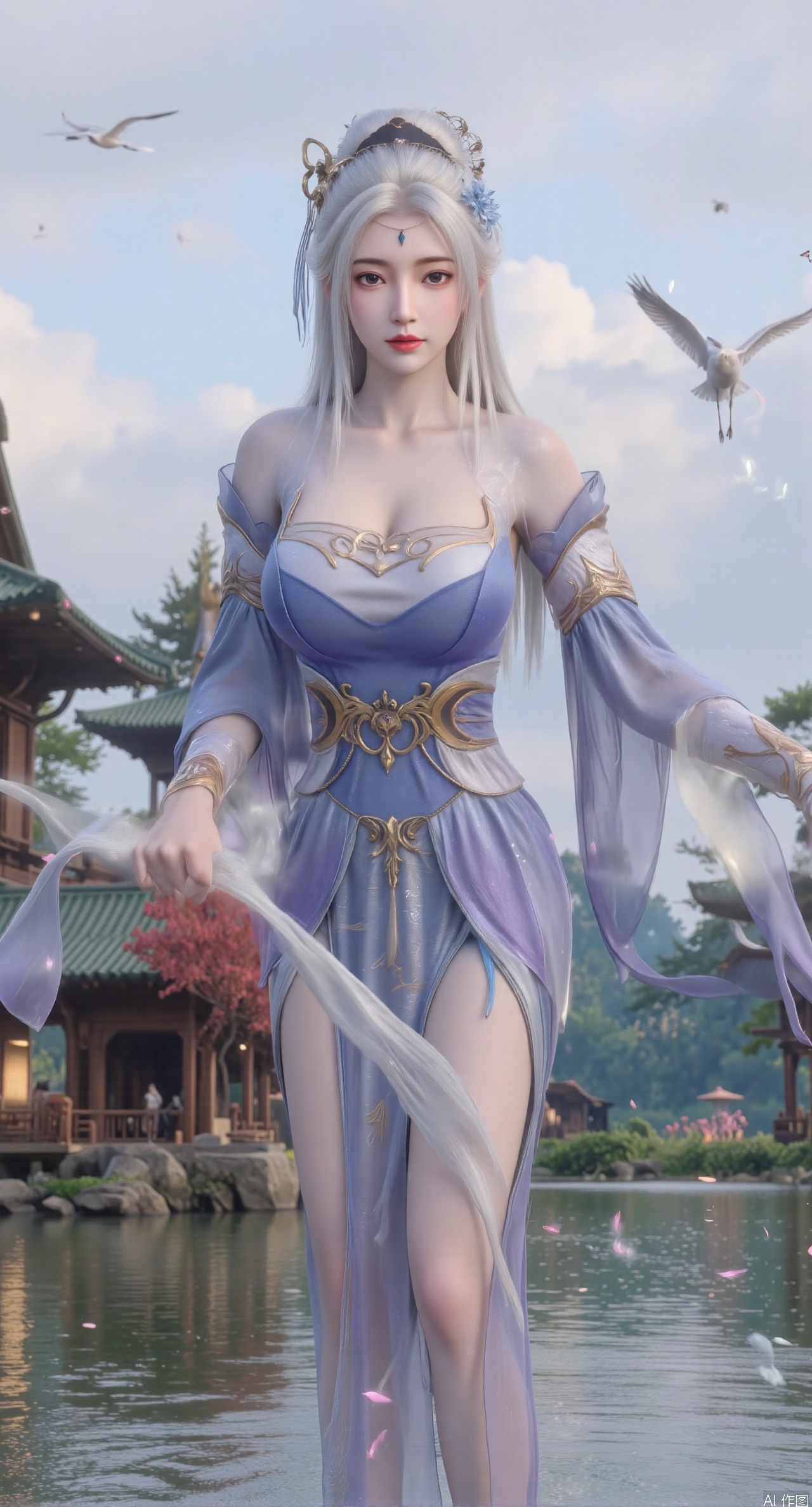  SFW,(masterpiece:1.2),best quality,1girl,solo,long hair,long dress,celestial maiden in flowing tulle gown levitates above lotus pond, Upper Body,ethereal mist trails from hair ribbons, mythical Penglai paradise emerges through clouds with glowing pavilions, translucent bioluminescent lotus blooms, flock of cranes gliding over water surface, ultra HD with soft 3D rendering, morning light filters through mist, falling petal rain, intricate details on scale-patterned fabric and lotus veins.(huge breasts:2.99),(full breasts:2.99),Xzhihua,Xsiyouyou,Xyanruyu,Xmoxiaonan,Xyeqingxian,Xyunwangshu,XlishaoyinY,Xxiaowu,Xyusanniang,XhuolingerHHY,Xwangqiuer,Xxuenv,XfuquY,XyunyunX,XchuxuanerXY,XchuxuanerX