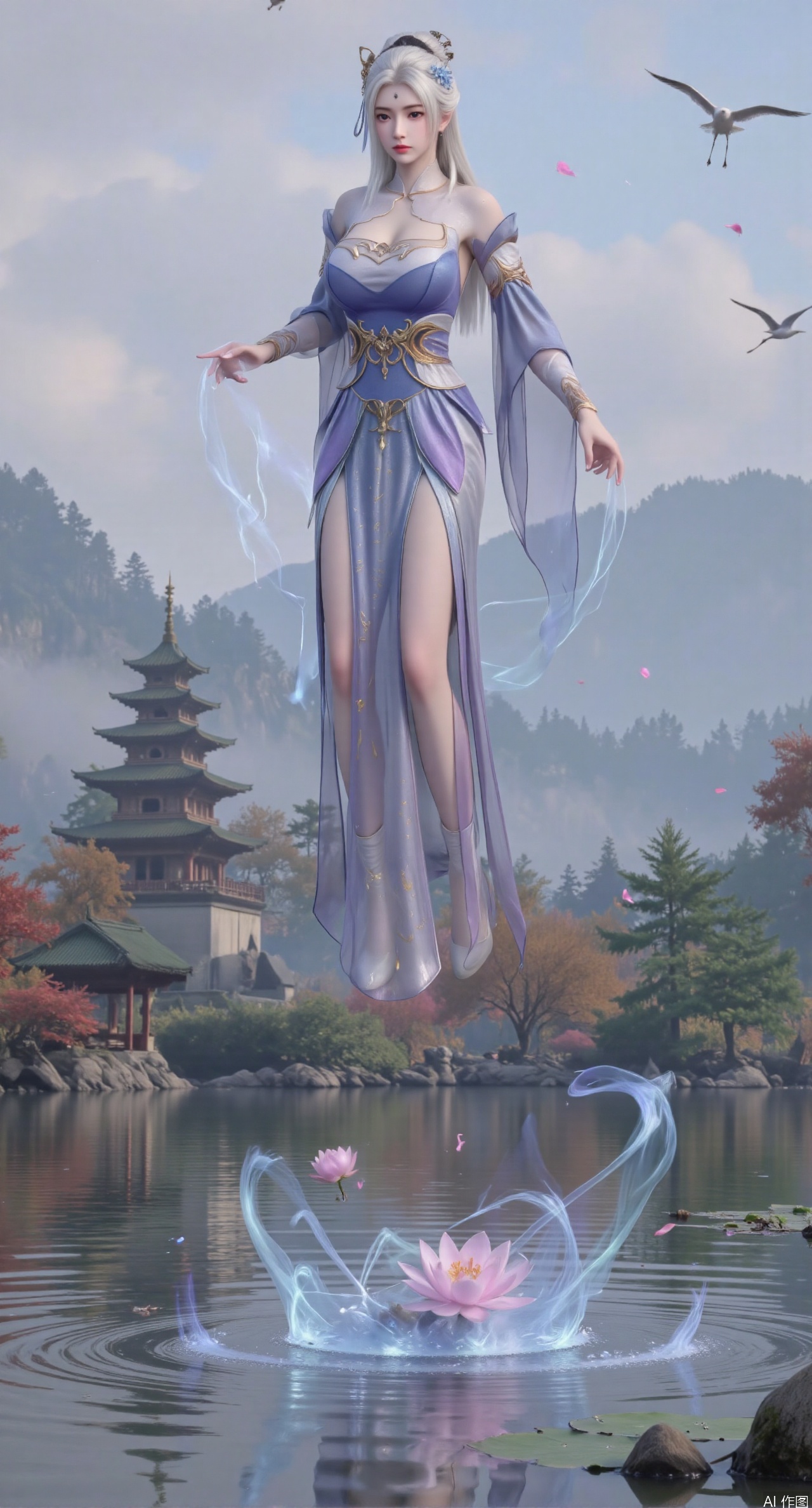  SFW,(masterpiece:1.2),best quality,1girl,solo,long hair,long dress,celestial maiden in flowing tulle gown levitates above lotus pond, Upper Body,ethereal mist trails from hair ribbons, mythical Penglai paradise emerges through clouds with glowing pavilions, translucent bioluminescent lotus blooms, flock of cranes gliding over water surface, ultra HD with soft 3D rendering, morning light filters through mist, falling petal rain, intricate details on scale-patterned fabric and lotus veins.(huge breasts:2.99),(full breasts:2.99),Xzhihua,Xsiyouyou,Xyanruyu,Xmoxiaonan,Xyeqingxian,Xyunwangshu,XlishaoyinY,Xxiaowu,Xyusanniang,XhuolingerHHY,Xwangqiuer,Xxuenv,XfuquY,XyunyunX,XchuxuanerXY,XchuxuanerX
