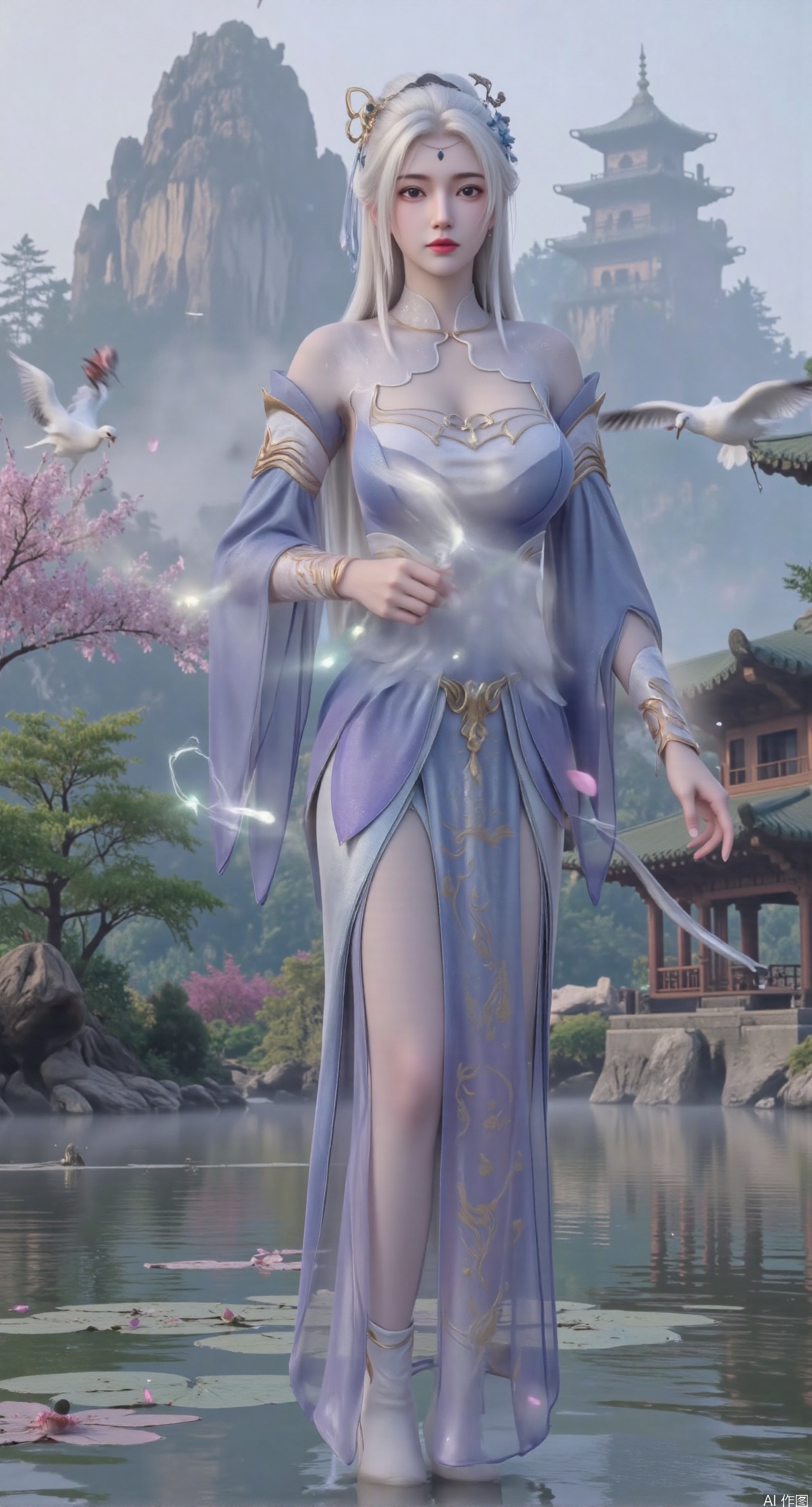  SFW,(masterpiece:1.2),best quality,1girl,solo,long hair,long dress,celestial maiden in flowing tulle gown levitates above lotus pond, Upper Body,ethereal mist trails from hair ribbons, mythical Penglai paradise emerges through clouds with glowing pavilions, translucent bioluminescent lotus blooms, flock of cranes gliding over water surface, ultra HD with soft 3D rendering, morning light filters through mist, falling petal rain, intricate details on scale-patterned fabric and lotus veins.(huge breasts:2.99),(full breasts:2.99),Xzhihua,Xsiyouyou,Xyanruyu,Xmoxiaonan,Xyeqingxian,Xyunwangshu,XlishaoyinY,Xxiaowu,Xyusanniang,XhuolingerHHY,Xwangqiuer,Xxuenv,XfuquY,XyunyunX,XchuxuanerXY,XchuxuanerX