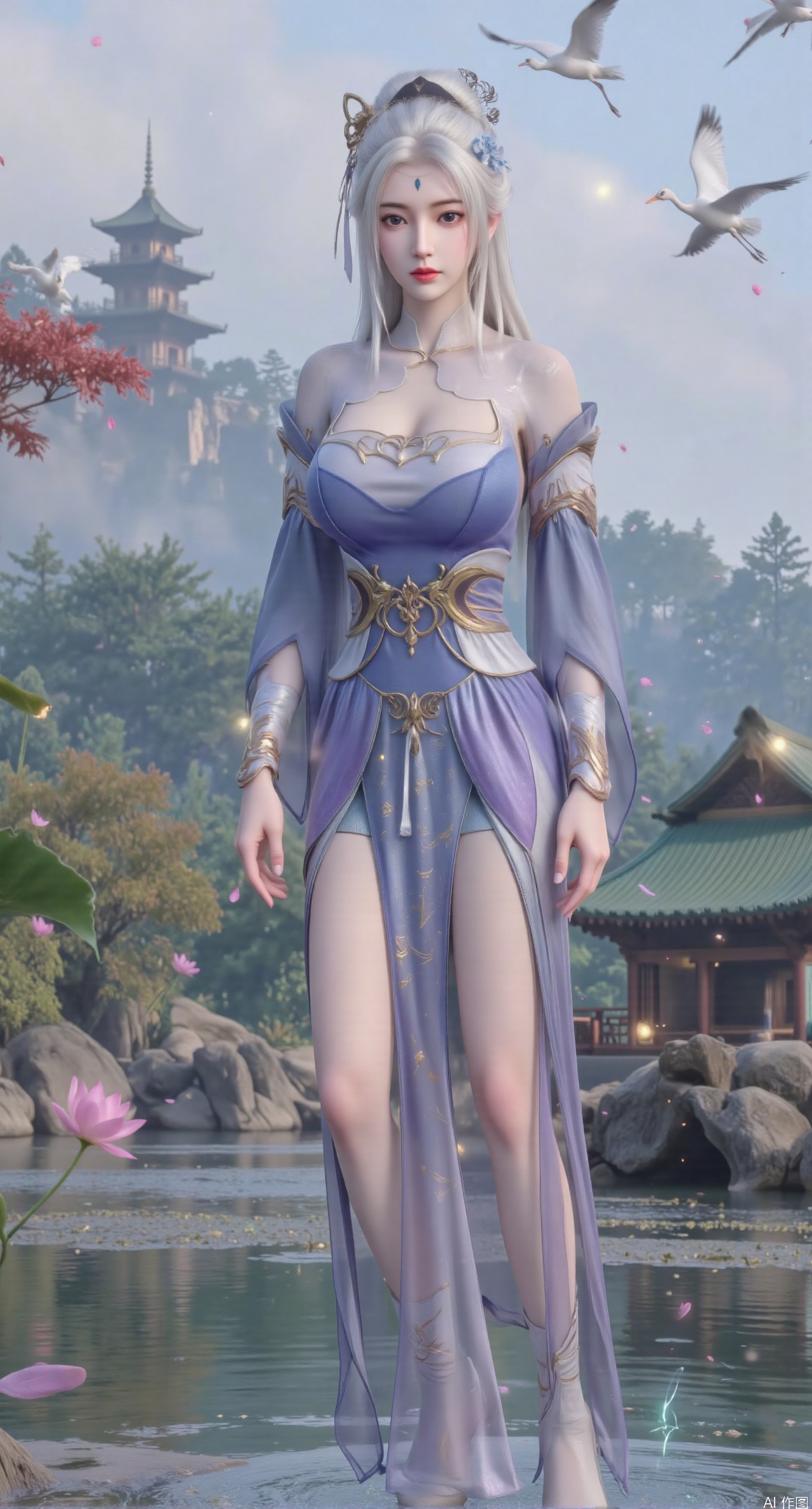  SFW,(masterpiece:1.2),best quality,1girl,solo,long hair,long dress,celestial maiden in flowing tulle gown levitates above lotus pond, Upper Body,ethereal mist trails from hair ribbons, mythical Penglai paradise emerges through clouds with glowing pavilions, translucent bioluminescent lotus blooms, flock of cranes gliding over water surface, ultra HD with soft 3D rendering, morning light filters through mist, falling petal rain, intricate details on scale-patterned fabric and lotus veins.(huge breasts:2.99),(full breasts:2.99),Xzhihua,Xsiyouyou,Xyanruyu,Xmoxiaonan,Xyeqingxian,Xyunwangshu,XlishaoyinY,Xxiaowu,Xyusanniang,XhuolingerHHY,Xwangqiuer,Xxuenv,XfuquY,XyunyunX,XchuxuanerXY,XchuxuanerX