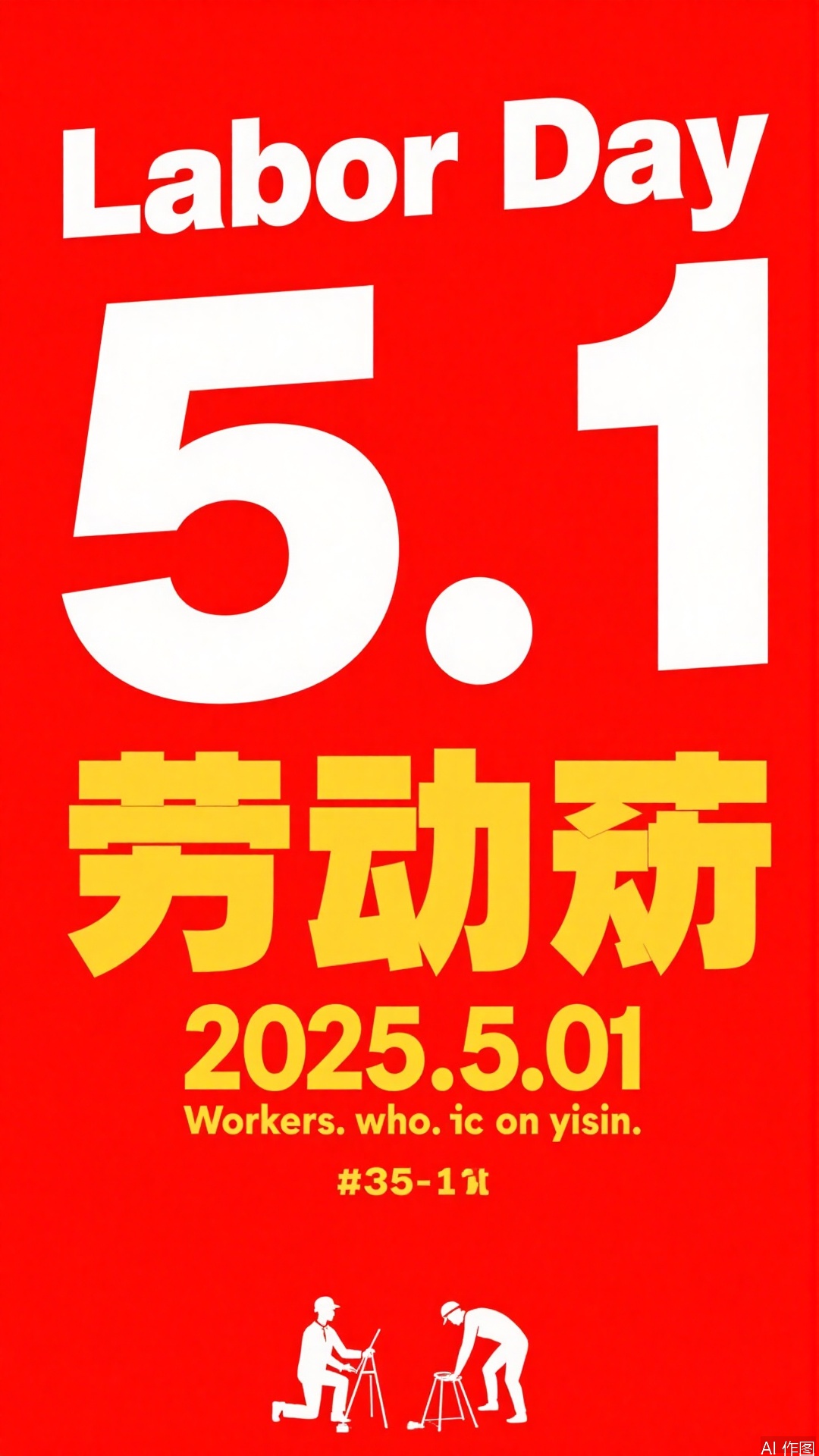 In a bright red poster, the words "Labor Day" are written in bold white letters at the top of the poster. In the middle is a huge 3D white number "5.1", below the text, the number "2025.05.01" is displayed in bold yellow. There are two numbers below, workers who are working. The background is bright red, forming a sharp contrast with the text