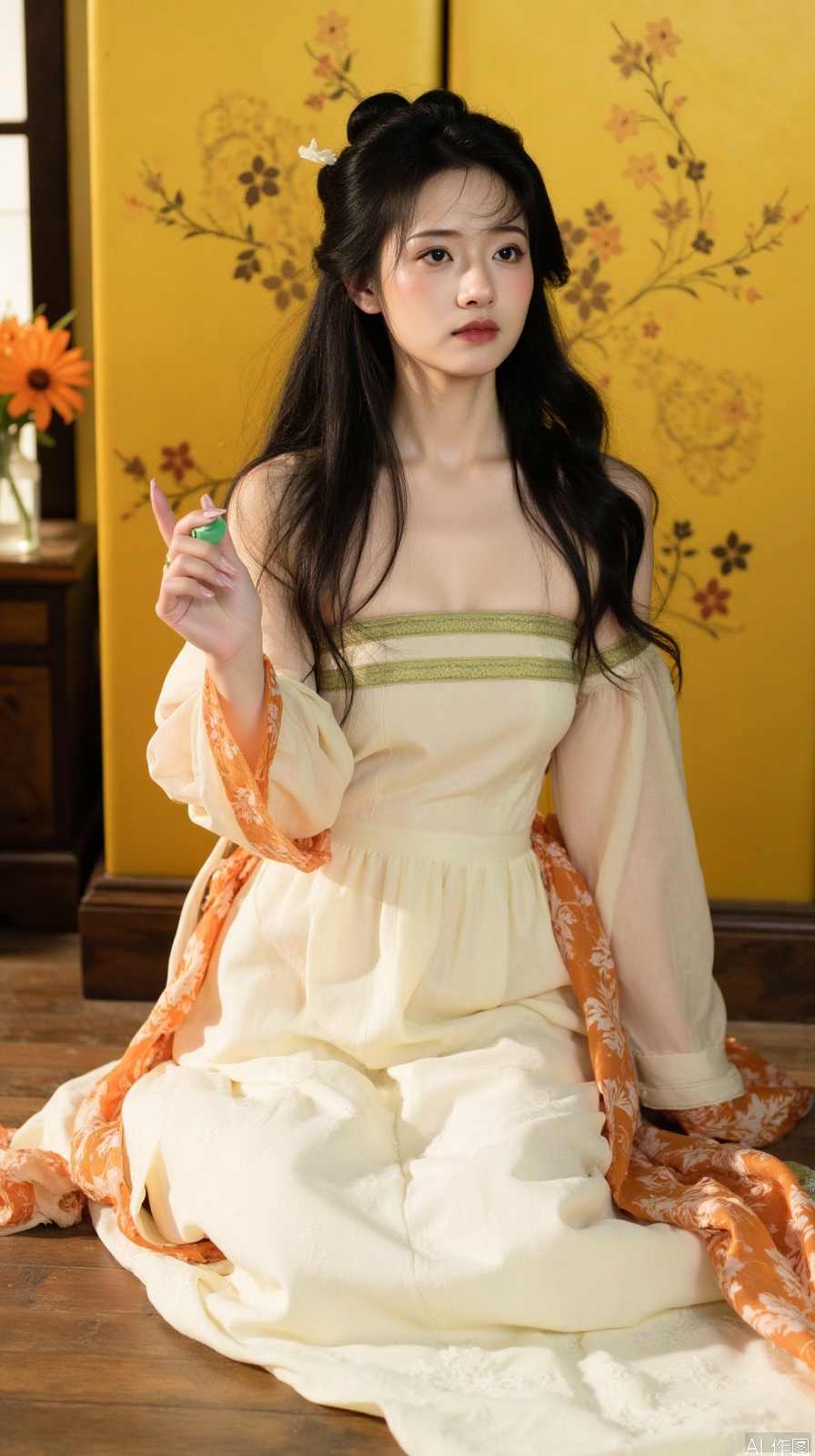 The image shows a young woman sitting on a wooden floor in front of a yellow wall with a floral design. She is wearing a long, flowing white dress with orange and green accents. The dress has a high neckline and long sleeves. She has long dark hair styled in loose waves and is holding a small green object in her hand. The woman is looking off to the side with a serious expression on her face. The background is blurred, but it appears to be a room with a window and a vase of orange flowers. The overall mood of the image is elegant and romantic.