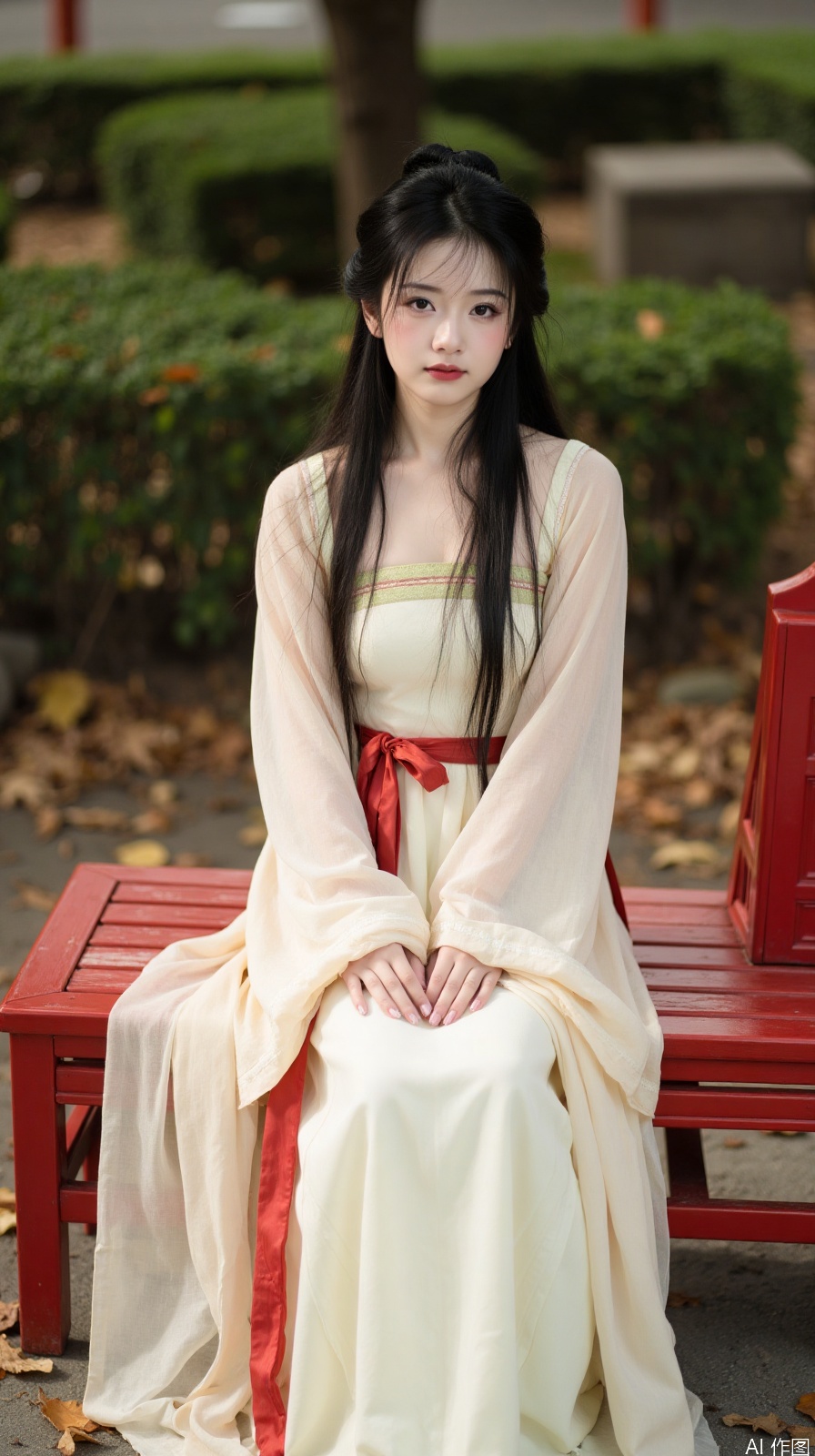 The image is a portrait of a young woman sitting on a red wooden bench. She is wearing a traditional Chinese Hanfu dress, which is a long, flowing robe with a high neckline and long sleeves. The dress is light beige in color and has a red ribbon tied in a bow at the waist. The woman has long dark hair styled in loose waves and is looking directly at the camera with a serious expression. In the background, there are trees and bushes, and the ground is covered in fallen leaves. The overall mood of the image is peaceful and serene.