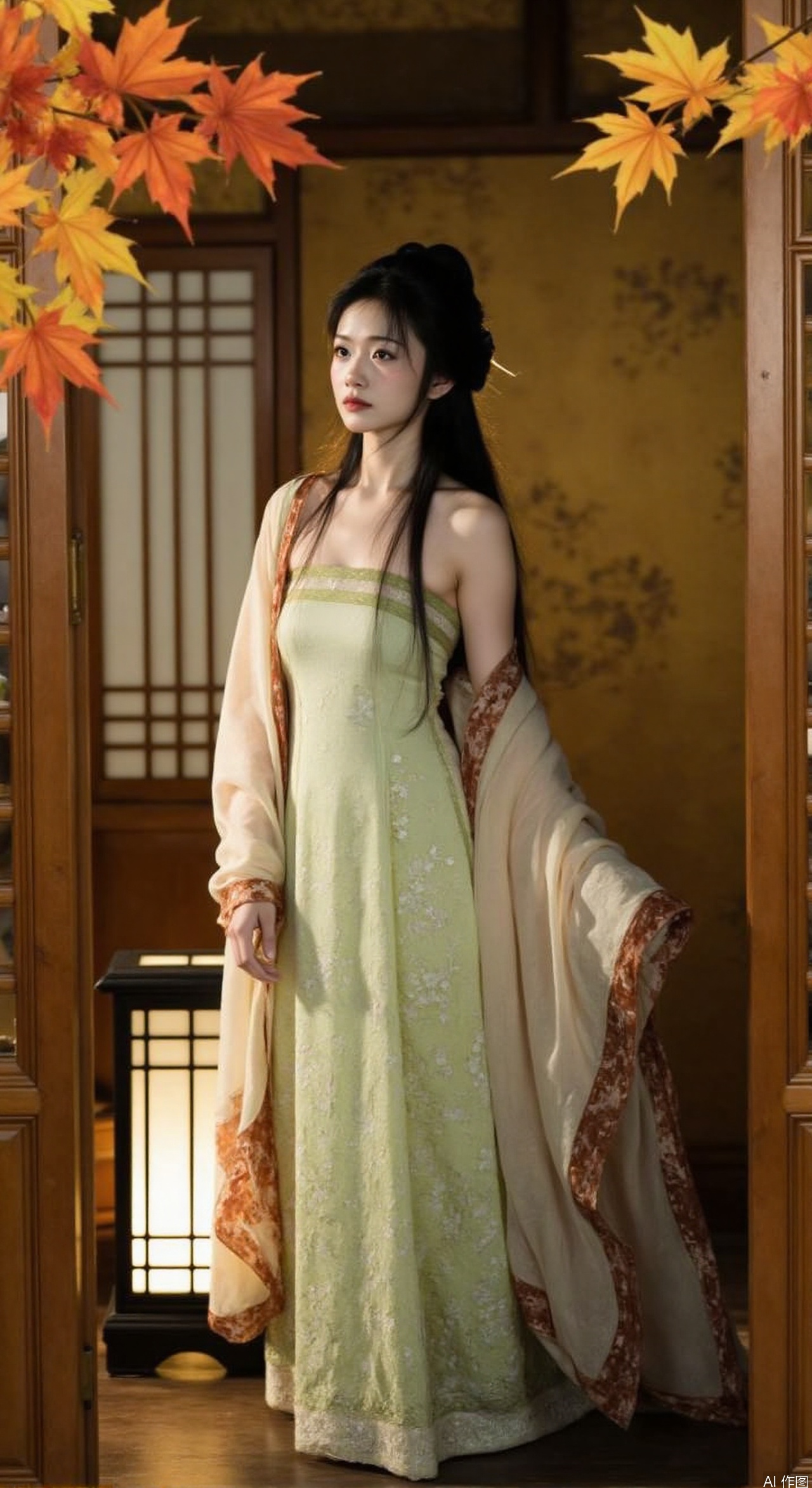 The image shows a young woman standing in a room with a wooden door on the right side and a window on the left side. She is wearing a traditional Chinese dress with a long, flowing skirt and a long shawl draped over her shoulders. The dress is light green with gold embroidery and has a high neckline and long sleeves. The woman has long dark hair styled in a bun and is looking off to the side with a serious expression on her face. The room is decorated with autumn leaves in shades of orange, yellow, and red, and there is a lantern in the corner. The overall mood of the image is elegant and traditional.