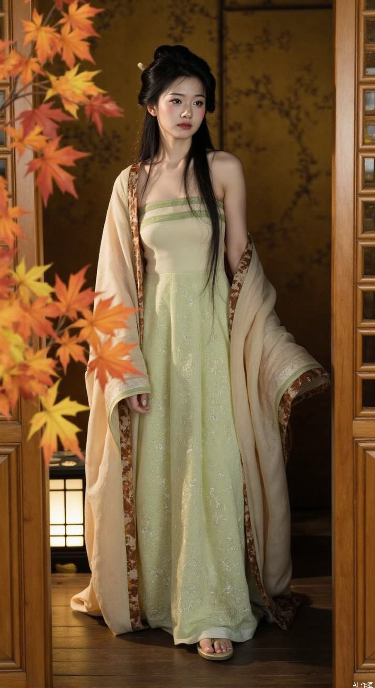 The image shows a young woman standing in a room with a wooden door on the right side and a window on the left side. She is wearing a traditional Chinese dress with a long, flowing skirt and a long shawl draped over her shoulders. The dress is light green with gold embroidery and has a high neckline and long sleeves. The woman has long dark hair styled in a bun and is looking off to the side with a serious expression on her face. The room is decorated with autumn leaves in shades of orange, yellow, and red, and there is a lantern in the corner. The overall mood of the image is elegant and traditional.