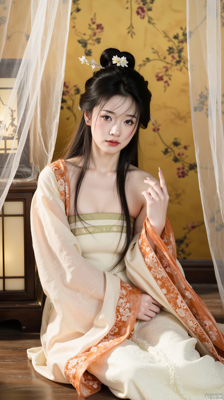 The image is a portrait of a young woman dressed in traditional Chinese clothing. She is sitting on a wooden floor in front of a window with sheer curtains. The woman is wearing a long, flowing white robe with intricate orange embroidery on the bodice and skirt. Her hair is styled in a high bun with a flower in the center. She has a serious expression on her face and is looking directly at the camera. The background is a yellow wall with a floral pattern. The overall mood of the image is elegant and regal.