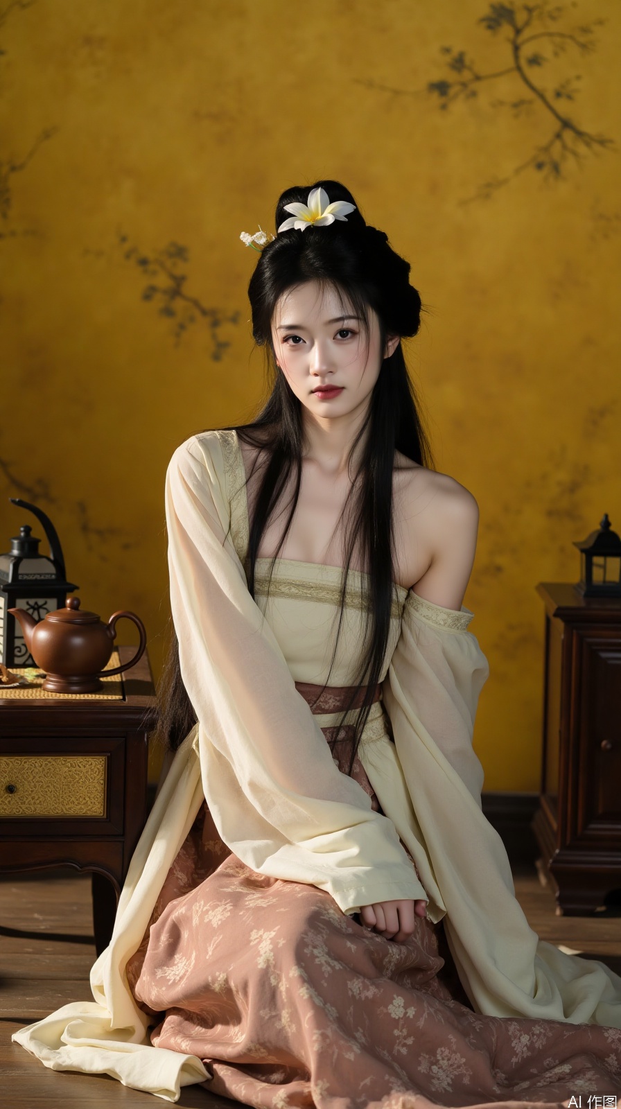 The image is a portrait of a young woman sitting on a wooden floor in a room with a yellow wall in the background. She is wearing a traditional Chinese dress with a long, flowing skirt and a white blouse. Her hair is styled in a high bun with a flower in the center. She has a serious expression on her face and is looking directly at the camera. In front of her, there is a wooden table with a teapot and other decorative items on it. The overall mood of the image is somber and contemplative.