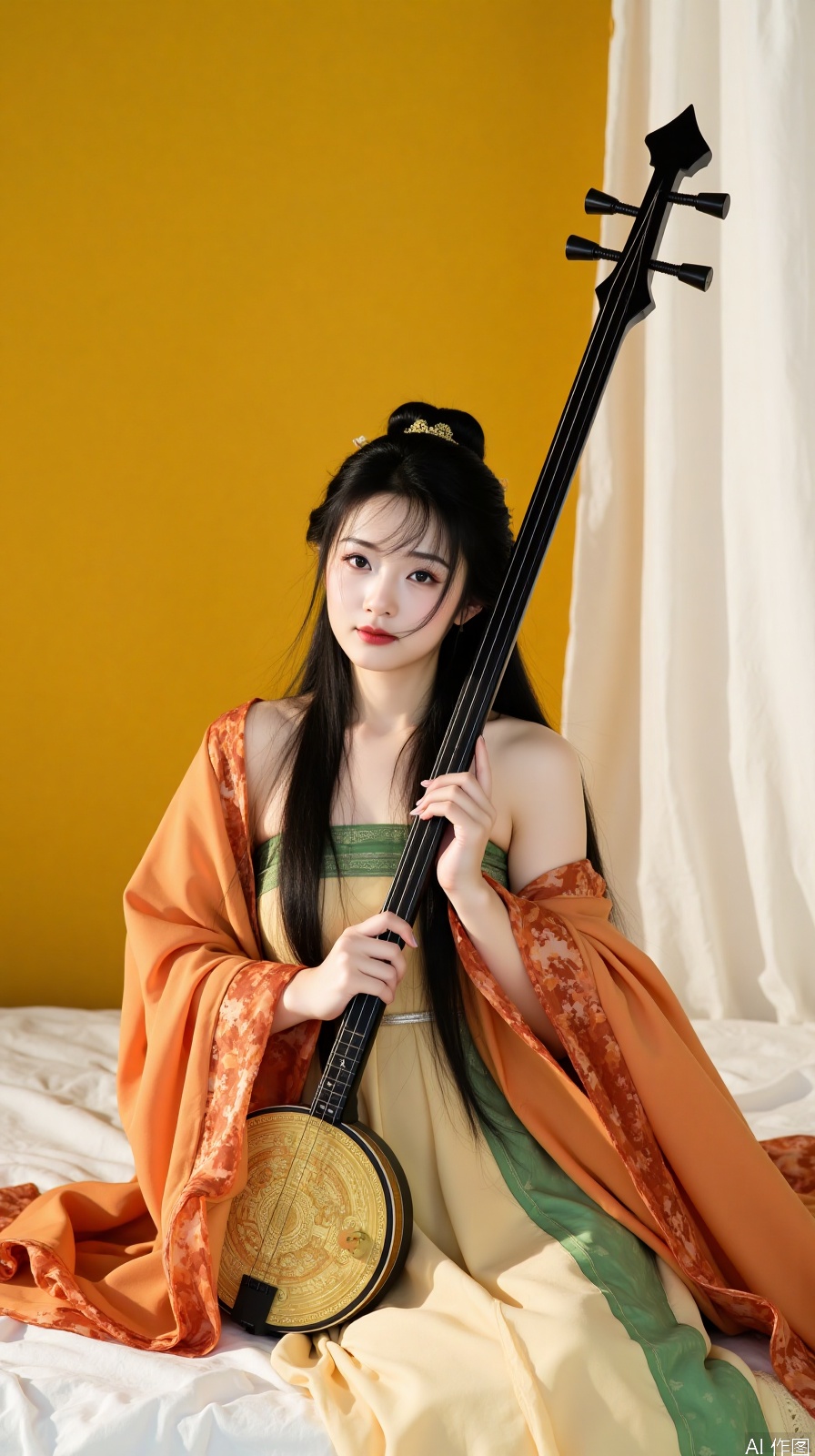 The image is a portrait of a young woman dressed in traditional Chinese clothing. She is sitting on a bed with a yellow background and a white curtain on the right side. The woman is wearing a long, flowing orange and green dress with a high neckline and long sleeves. She has long black hair styled in a high bun with a gold headpiece on top. In her hands, she is holding a long black stringed instrument, which appears to be a mandolin. The instrument has a round, golden-colored body with intricate patterns and designs on it. The overall mood of the image is elegant and regal.
