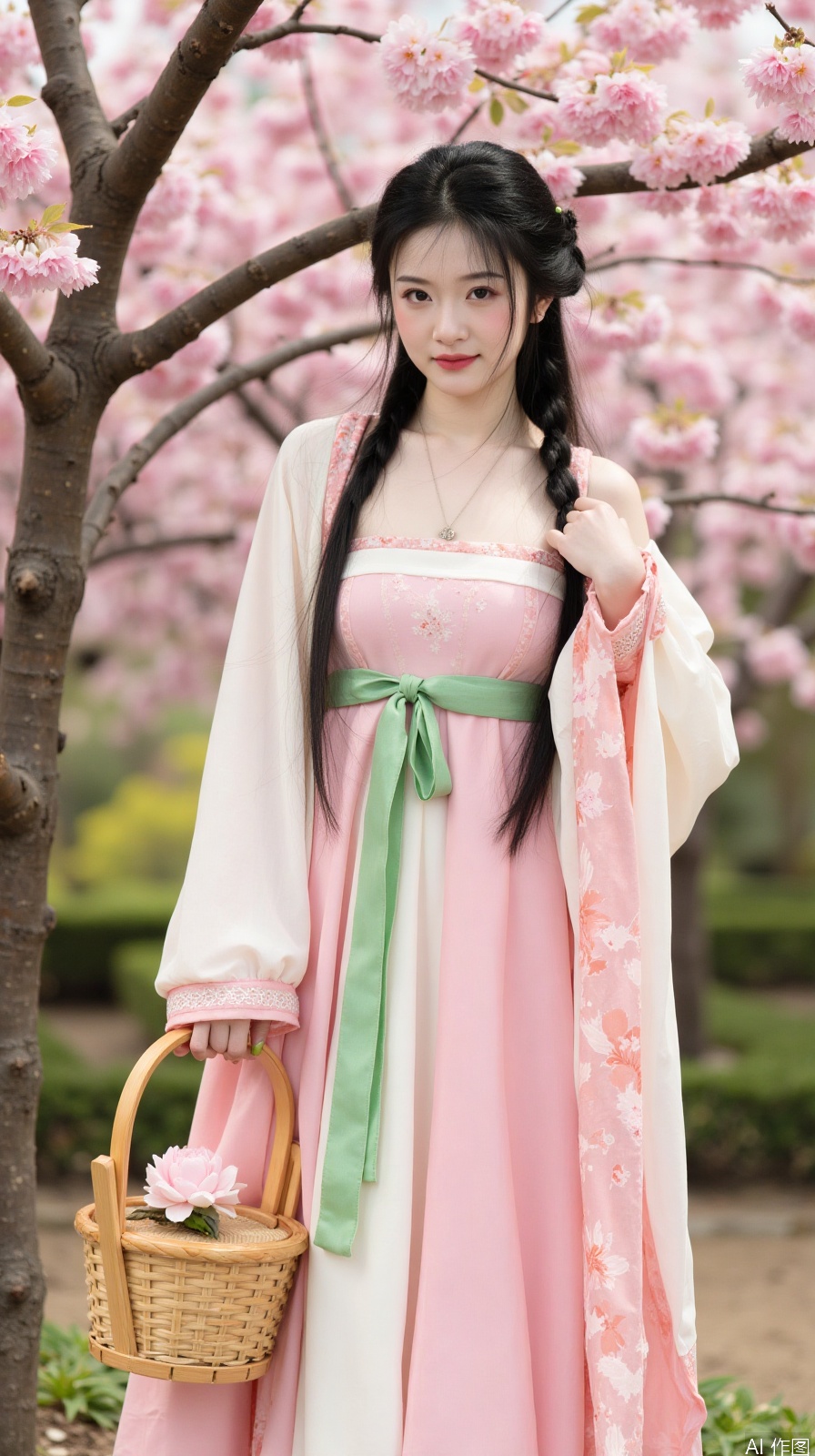 The image is a portrait of a young woman wearing a traditional Chinese dress. She is standing in front of a tree with pink cherry blossom trees in full bloom. The woman is wearing a long, flowing pink and white dress with a green sash tied around her waist. She has long black hair styled in two braids and is holding a small wooden basket with a pink flower on top. The basket appears to be made of wood and has a handle on the side. The background is blurred, but it seems to be a garden or park with other trees and flowers. The overall mood of the image is peaceful and serene.