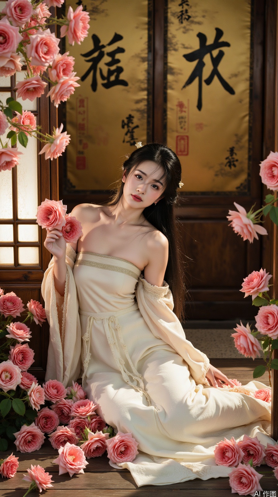 "Ancient Chinese style, woman in white dress sitting on wooden floor, surrounded by ink-wash roses with subtle red gradients, soft window light casting lattice shadows, blurred background with calligraphy scrolls, 8K detailed, photorealistic"