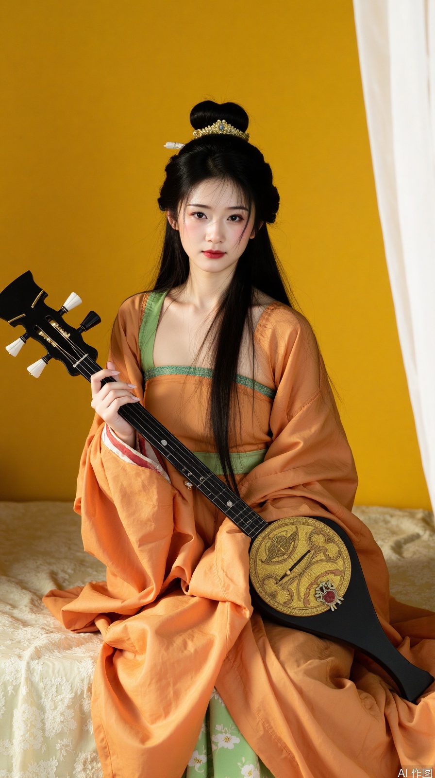 The image is a portrait of a young woman dressed in traditional Chinese clothing. She is sitting on a bed with a yellow background and a white curtain on the right side. The woman is wearing a long, flowing orange and green dress with a high neckline and long sleeves. She has long black hair styled in a high bun with a gold headpiece on top. In her hands, she is holding a long black stringed instrument, which appears to be a mandolin. The instrument has a round, golden-colored body with intricate patterns and designs on it. The overall mood of the image is elegant and regal.