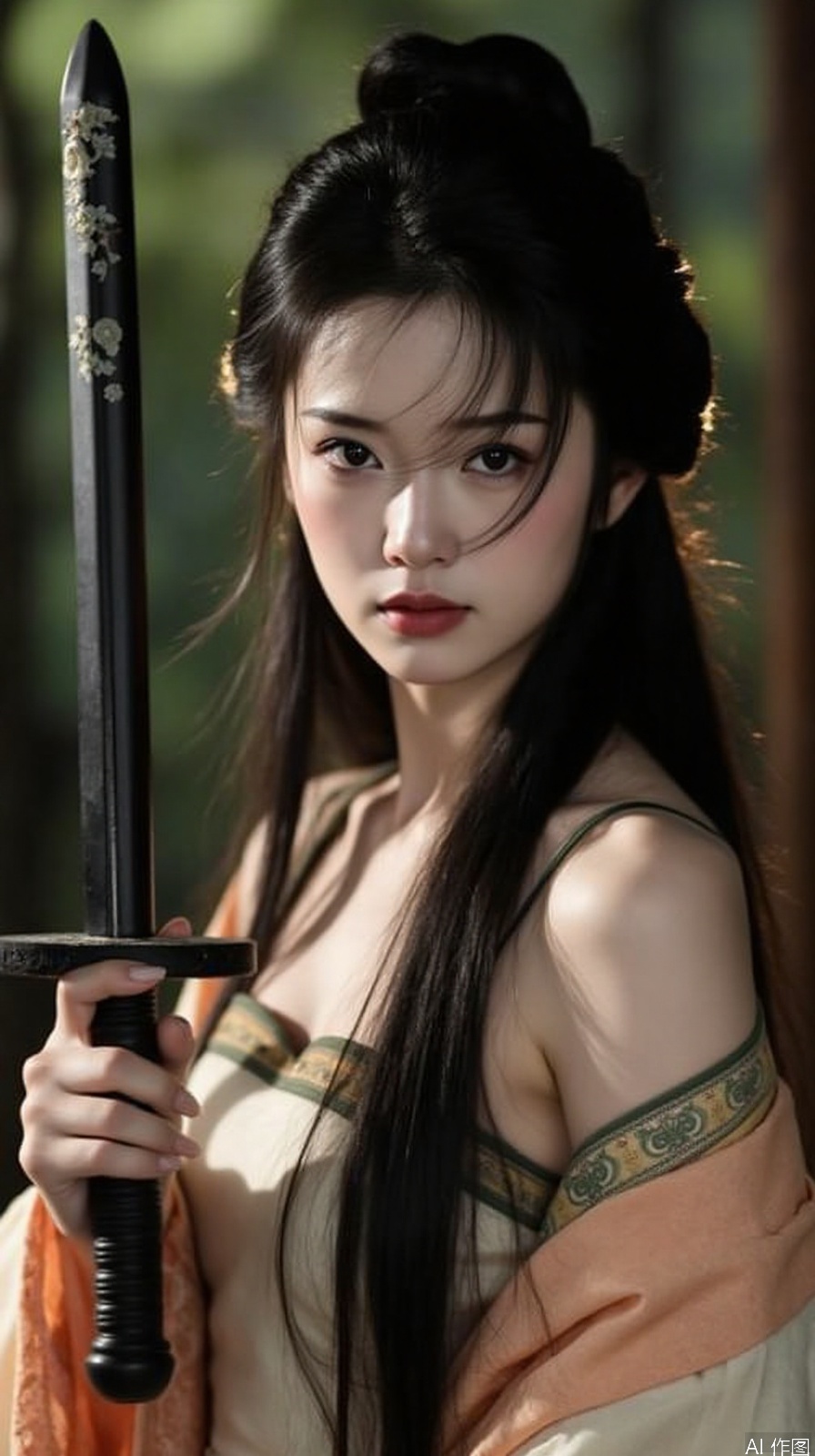 The image is a portrait of a young woman with long dark hair styled in an elegant updo. She is wearing a traditional Chinese dress with a peach-colored kimono draped over her shoulders. The woman is holding a black sword in her right hand and is looking directly at the camera with a serious expression on her face. The background is blurred, but it appears to be an outdoor setting with trees and foliage. The overall mood of the image is dark and mysterious.