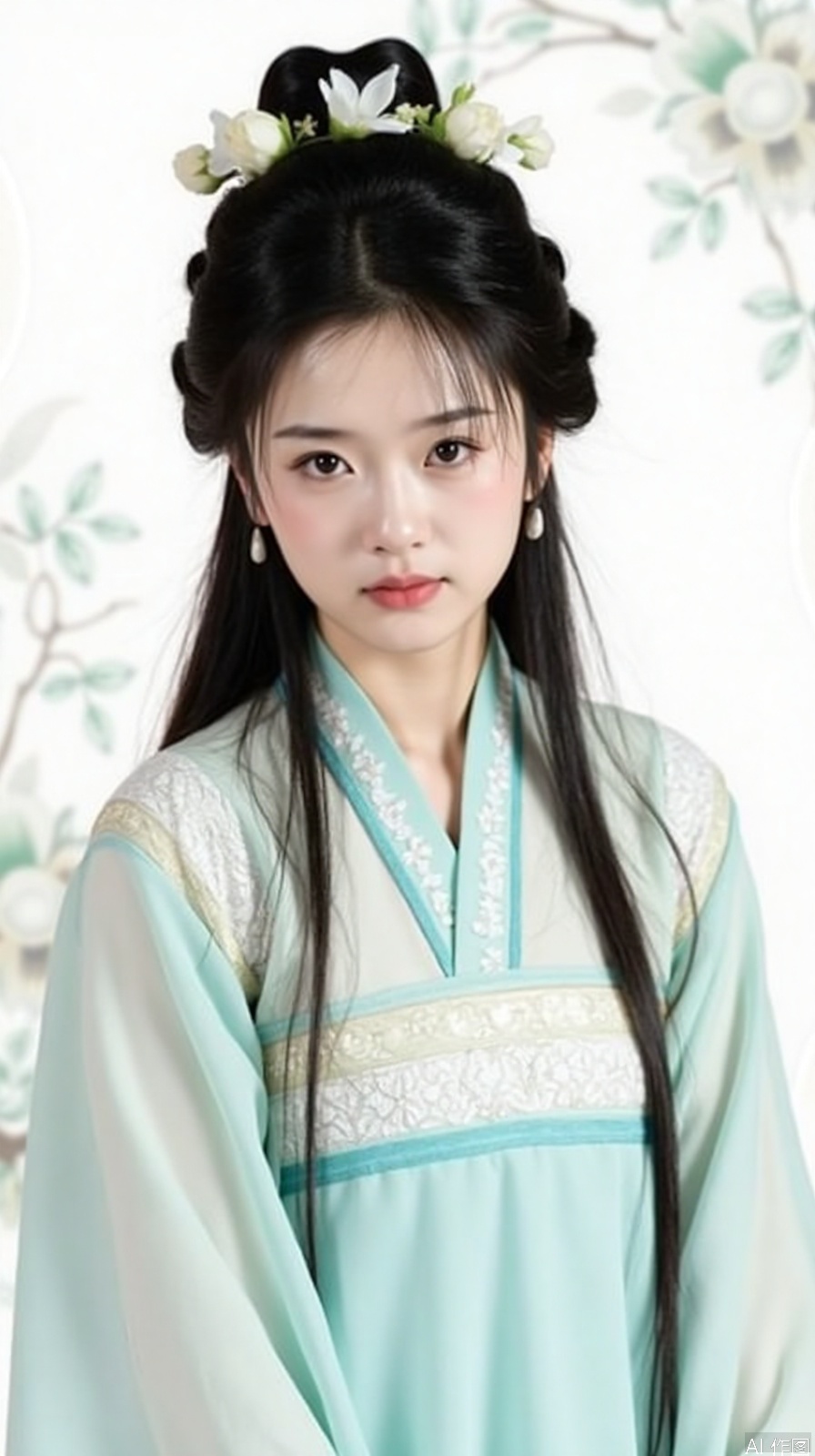 The image is a portrait of a young woman wearing a traditional Chinese Hanfu dress. The dress is light blue in color with white floral embroidery on the bodice and sleeves. The woman has long black hair styled in a half-up, half-down braid with a flower crown on top. She is wearing a pair of earrings and has a serious expression on her face. The background is white with a subtle floral pattern. The overall style of the dress is elegant and traditional.