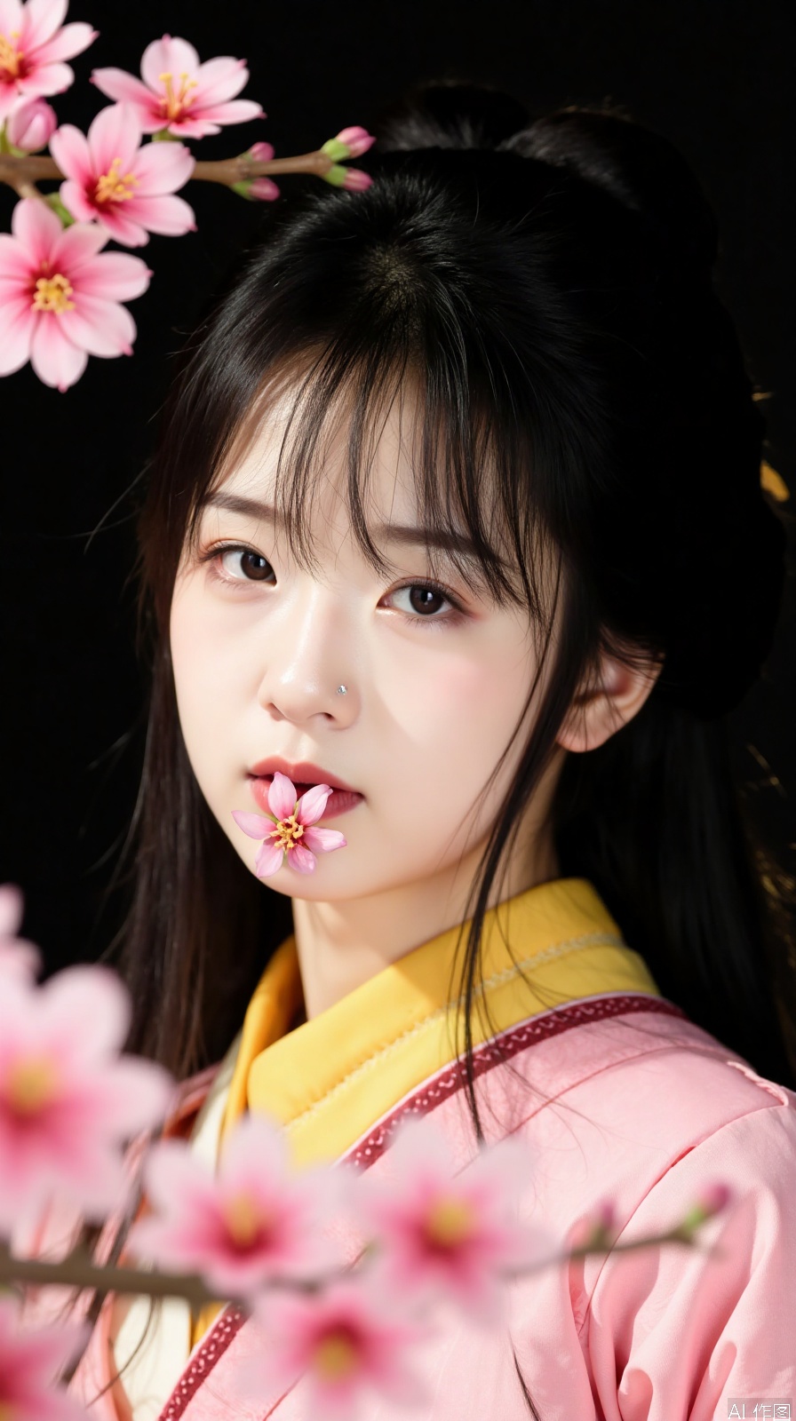 The image is a close-up portrait of a young woman with dark hair styled in a traditional Japanese hairstyle. She is wearing a pink kimono with a yellow scarf around her neck. The woman is holding a small pink flower in her mouth and is surrounded by pink cherry blossom flowers. The background is black, making the woman and the flowers stand out even more. The overall mood of the image is peaceful and serene.