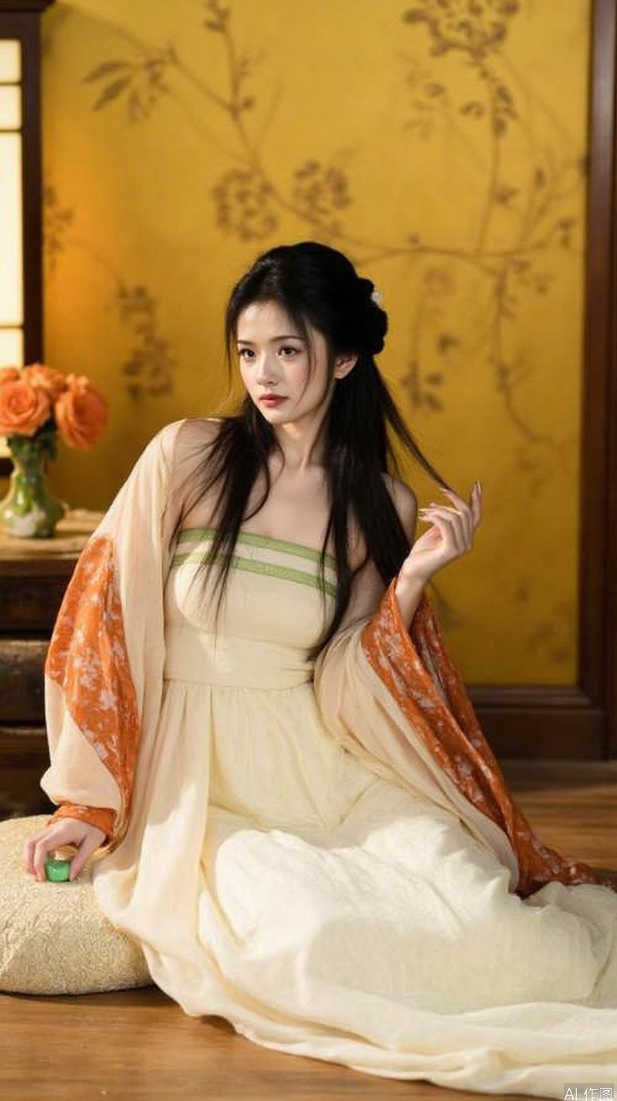 The image shows a young woman sitting on a wooden floor in front of a yellow wall with a floral design. She is wearing a long, flowing white dress with orange and green accents. The dress has a high neckline and long sleeves. She has long dark hair styled in loose waves and is holding a small green object in her hand. The woman is looking off to the side with a serious expression on her face. The background is blurred, but it appears to be a room with a window and a vase of orange flowers. The overall mood of the image is elegant and romantic.