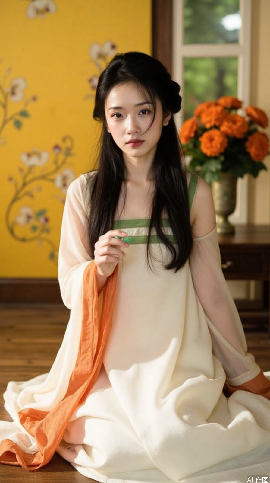 The image shows a young woman sitting on a wooden floor in front of a yellow wall with a floral design. She is wearing a long, flowing white dress with orange and green accents. The dress has a high neckline and long sleeves. She has long dark hair styled in loose waves and is holding a small green object in her hand. The woman is looking off to the side with a serious expression on her face. The background is blurred, but it appears to be a room with a window and a vase of orange flowers. The overall mood of the image is elegant and romantic.