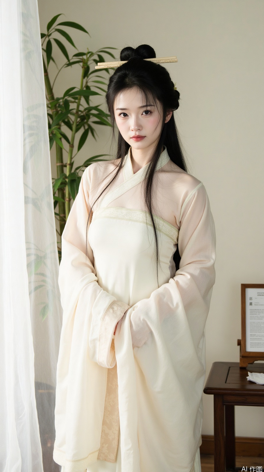 The image shows a young woman wearing a traditional Chinese Hanfu dress. She is standing in front of a white curtain with a bamboo plant in the background. The woman is wearing a long white robe with a high neckline and long sleeves. Her hair is styled in a sleek updo with a pair of chopsticks resting on her head. She has a serious expression on her face and is looking directly at the camera. On the right side of the image, there is a small wooden table with a piece of paper on it. The overall aesthetic of the room is elegant and traditional.