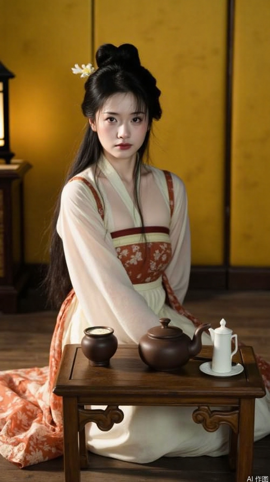 The image is a portrait of a young woman sitting on a wooden floor in a room with a yellow wall in the background. She is wearing a traditional Chinese dress with a long, flowing skirt and a white blouse. Her hair is styled in a high bun with a flower in the center. She has a serious expression on her face and is looking directly at the camera. In front of her, there is a wooden table with a teapot and other decorative items on it. The overall mood of the image is somber and contemplative.