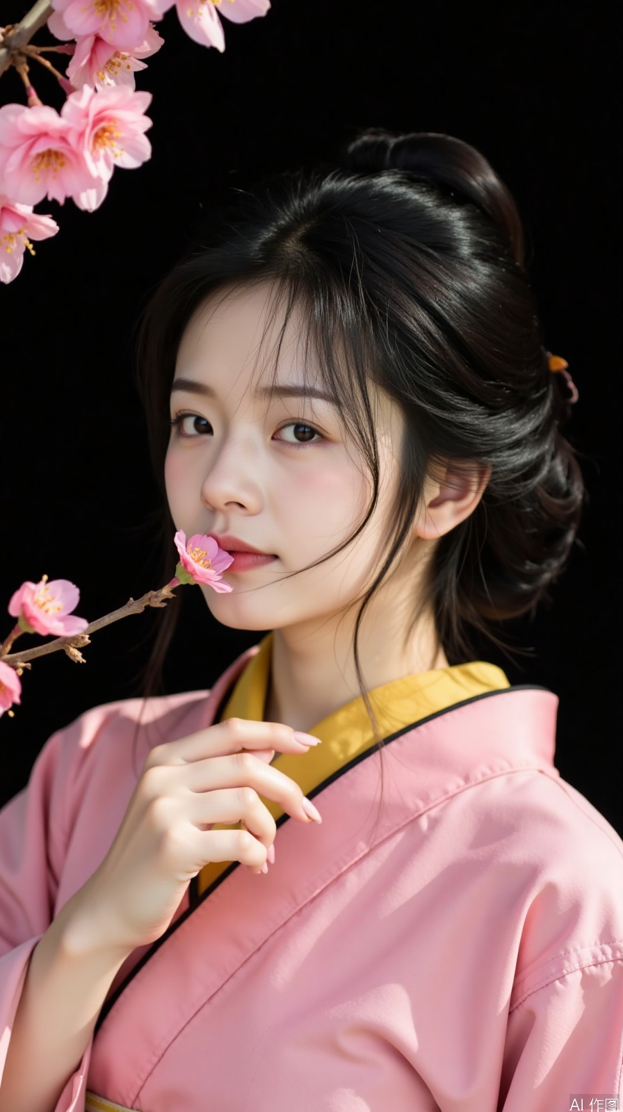 The image is a close-up portrait of a young woman with dark hair styled in a traditional Japanese hairstyle. She is wearing a pink kimono with a yellow scarf around her neck. The woman is holding a small pink flower in her mouth and is surrounded by pink cherry blossom flowers. The background is black, making the woman and the flowers stand out even more. The overall mood of the image is peaceful and serene.
