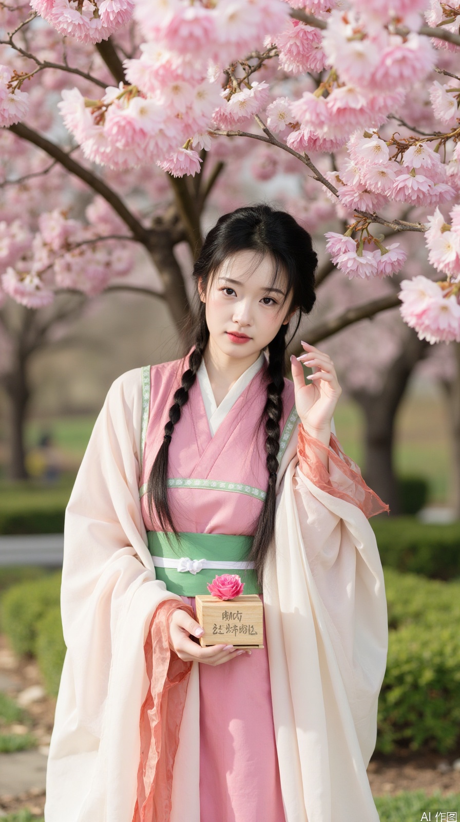 The image is a portrait of a young woman wearing a traditional Chinese dress. She is standing in front of a tree with pink cherry blossom trees in full bloom. The woman is wearing a long, flowing pink and white dress with a green sash tied around her waist. She has long black hair styled in two braids and is holding a small wooden basket with a pink flower on top. The basket appears to be made of wood and has a handle on the side. The background is blurred, but it seems to be a garden or park with other trees and flowers. The overall mood of the image is peaceful and serene.