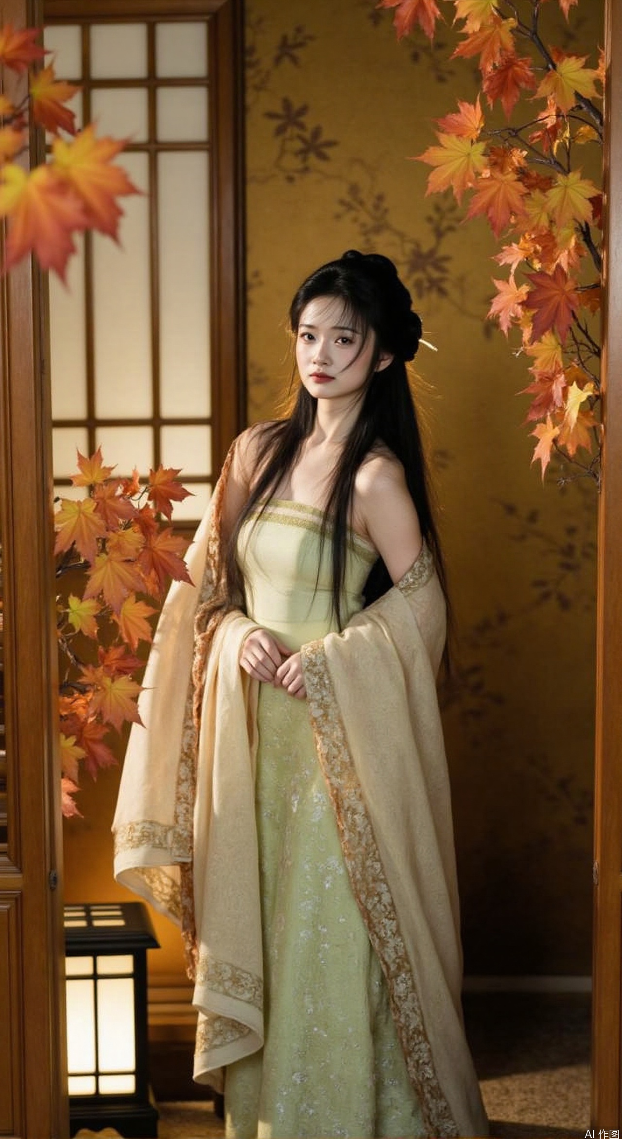 The image shows a young woman standing in a room with a wooden door on the right side and a window on the left side. She is wearing a traditional Chinese dress with a long, flowing skirt and a long shawl draped over her shoulders. The dress is light green with gold embroidery and has a high neckline and long sleeves. The woman has long dark hair styled in a bun and is looking off to the side with a serious expression on her face. The room is decorated with autumn leaves in shades of orange, yellow, and red, and there is a lantern in the corner. The overall mood of the image is elegant and traditional.