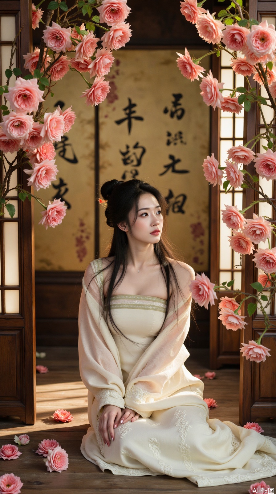 "Ancient Chinese style, woman in white dress sitting on wooden floor, surrounded by ink-wash roses with subtle red gradients, soft window light casting lattice shadows, blurred background with calligraphy scrolls, 8K detailed, photorealistic"