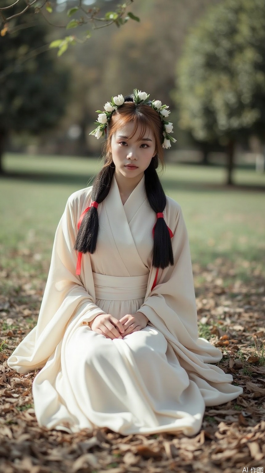 The image is a portrait of a young woman sitting on a bed of fallen leaves in a park. She is wearing a traditional Chinese Hanfu dress with intricate embroidery and a long skirt. Her hair is styled in two braids with a flower crown on top. She has a serious expression on her face and is looking directly at the camera. The background is blurred, but it appears to be a grassy field with trees in the distance. The overall mood of the image is peaceful and serene.