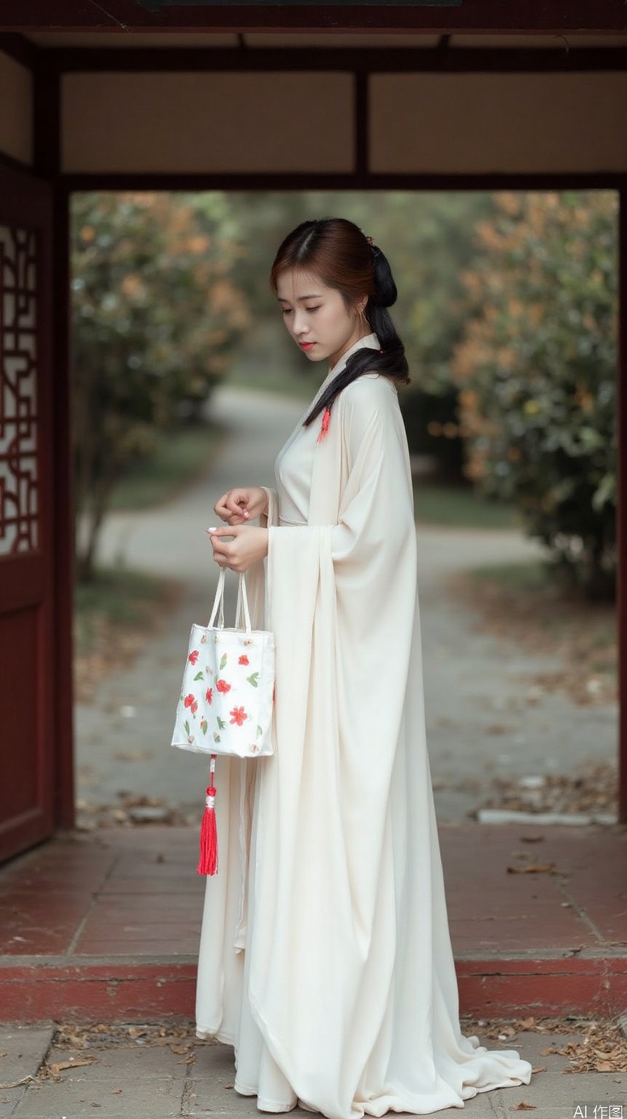 The image shows a young woman standing in front of a wooden door with a lattice pattern. She is wearing a long, flowing white dress with a high neckline and long sleeves. The dress is made of a light-colored fabric with a floral pattern and has a red tassel hanging from the bottom. The woman is holding a small white bag with red flowers on it in her left hand and is looking down at it with a serious expression on her face. The background is blurred, but it appears to be an outdoor setting with trees and a pathway. The overall mood of the image is peaceful and serene.