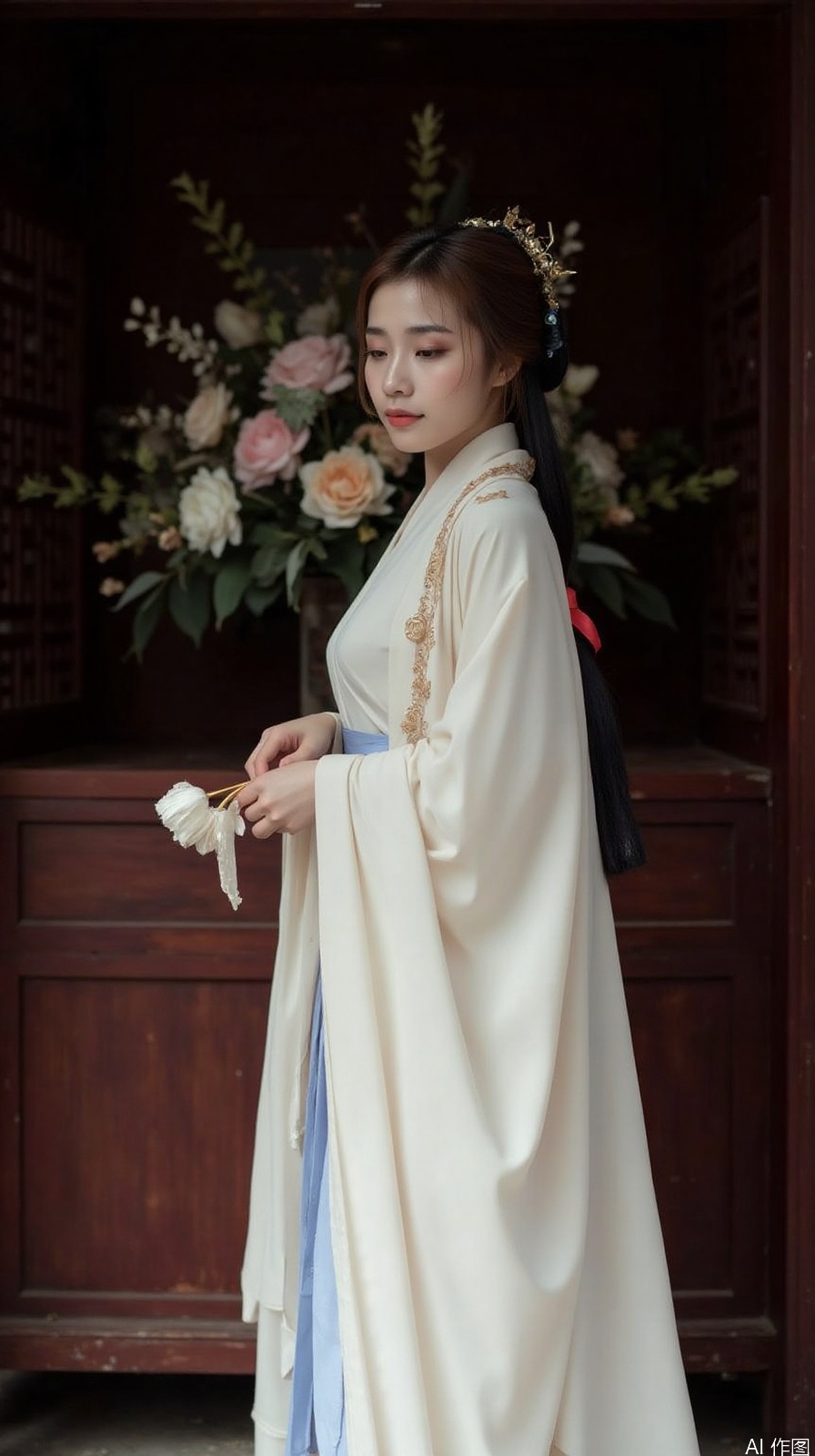 The image shows a young woman wearing a traditional Chinese Hanfu dress. She is standing in front of a wooden cabinet with a floral arrangement on top. The woman is wearing a long, flowing white robe with intricate gold embroidery and a blue sash tied around her waist. She has long black hair styled in a traditional updo with a gold headpiece. The headpiece is adorned with flowers and leaves, and the woman is holding a small fan in her hand. The background is dark, making the woman and the floral arrangement stand out. The overall mood of the image is elegant and regal.