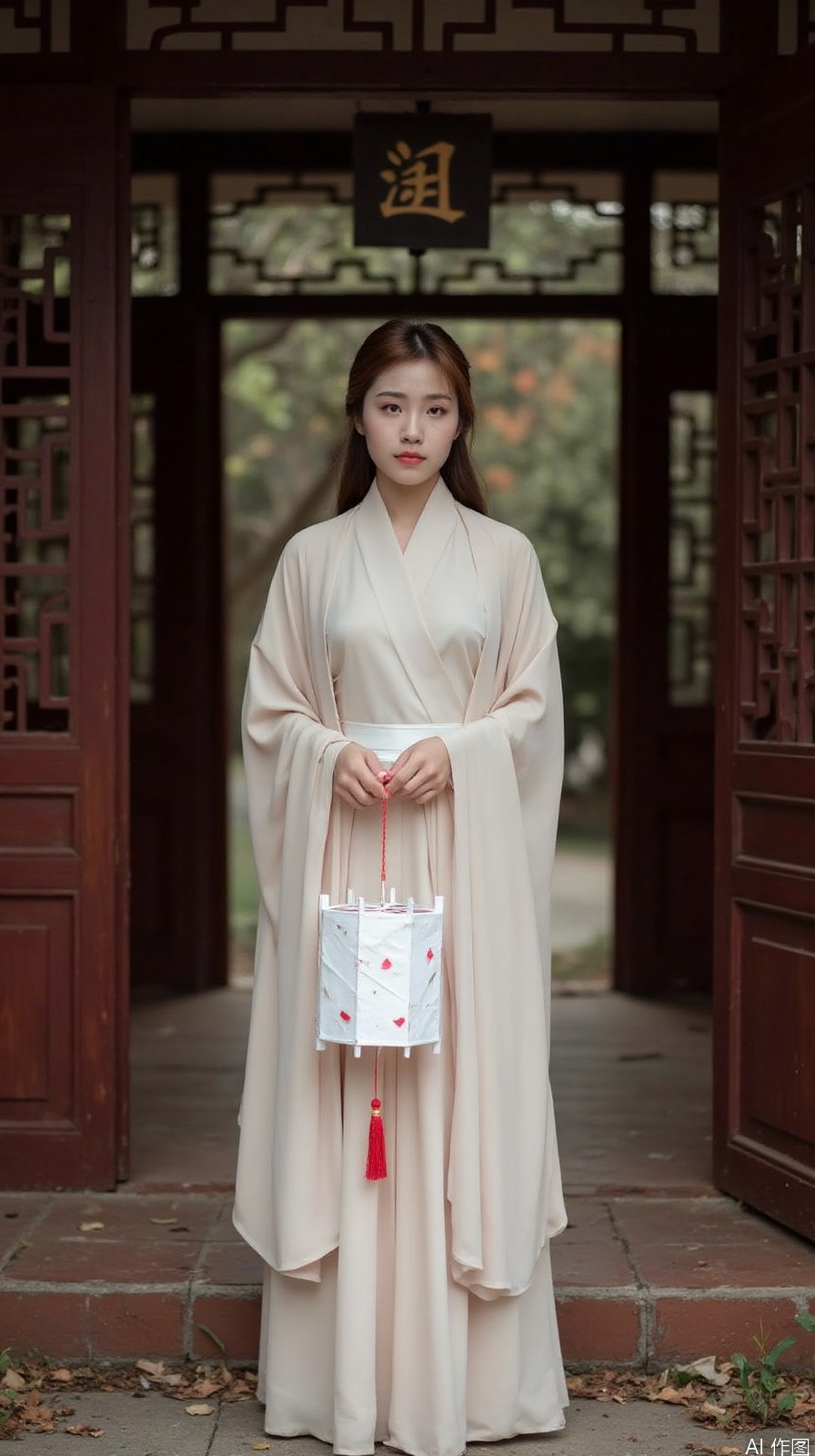The image shows a young woman standing in front of a wooden door with a lattice pattern. She is wearing a long, flowing beige robe with a high neckline and long sleeves. The robe is draped over her shoulders and she is holding a small white lantern with red tassels hanging from it. The woman has shoulder-length brown hair styled in loose waves and is looking directly at the camera with a serious expression. The background is blurred, but it appears to be a park or garden with trees and fallen leaves on the ground. The overall mood of the image is peaceful and serene.