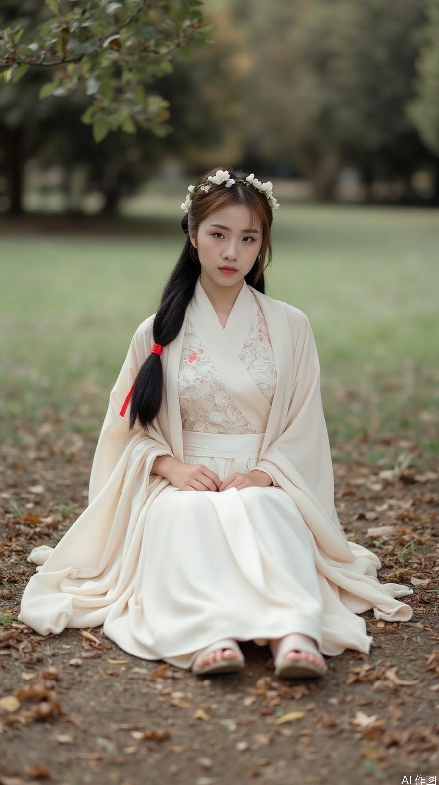 The image is a portrait of a young woman sitting on a bed of fallen leaves in a park. She is wearing a traditional Chinese Hanfu dress with intricate embroidery and a long skirt. Her hair is styled in two braids with a flower crown on top. She has a serious expression on her face and is looking directly at the camera. The background is blurred, but it appears to be a grassy field with trees in the distance. The overall mood of the image is peaceful and serene.