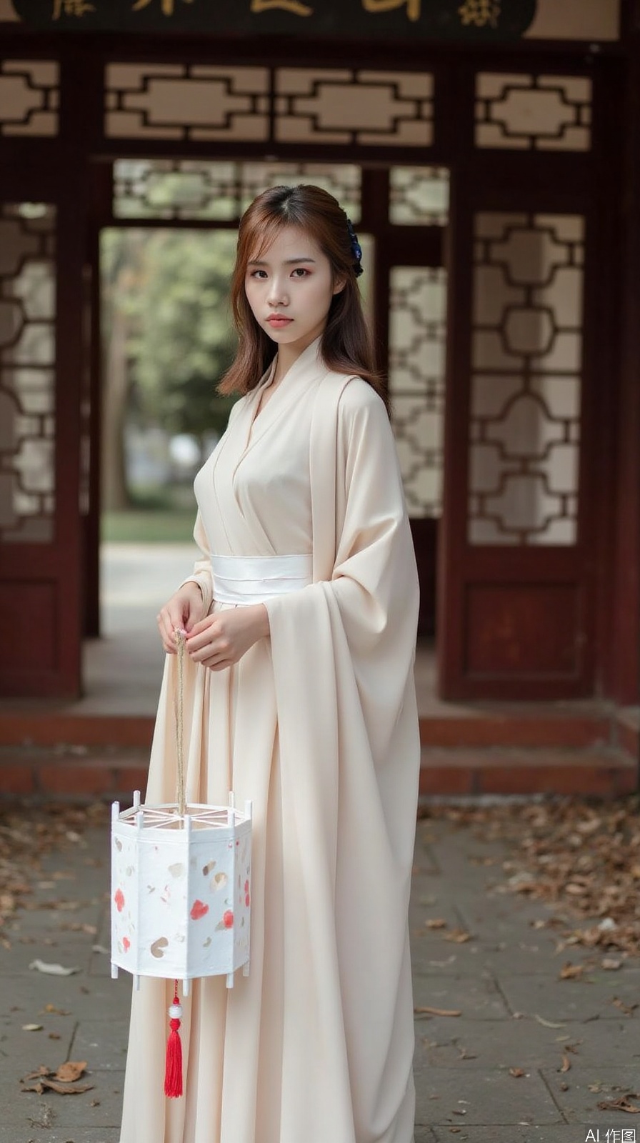 The image shows a young woman standing in front of a wooden door with a lattice pattern. She is wearing a long, flowing beige robe with a high neckline and long sleeves. The robe is draped over her shoulders and she is holding a small white lantern with red tassels hanging from it. The woman has shoulder-length brown hair styled in loose waves and is looking directly at the camera with a serious expression. The background is blurred, but it appears to be a park or garden with trees and fallen leaves on the ground. The overall mood of the image is peaceful and serene.