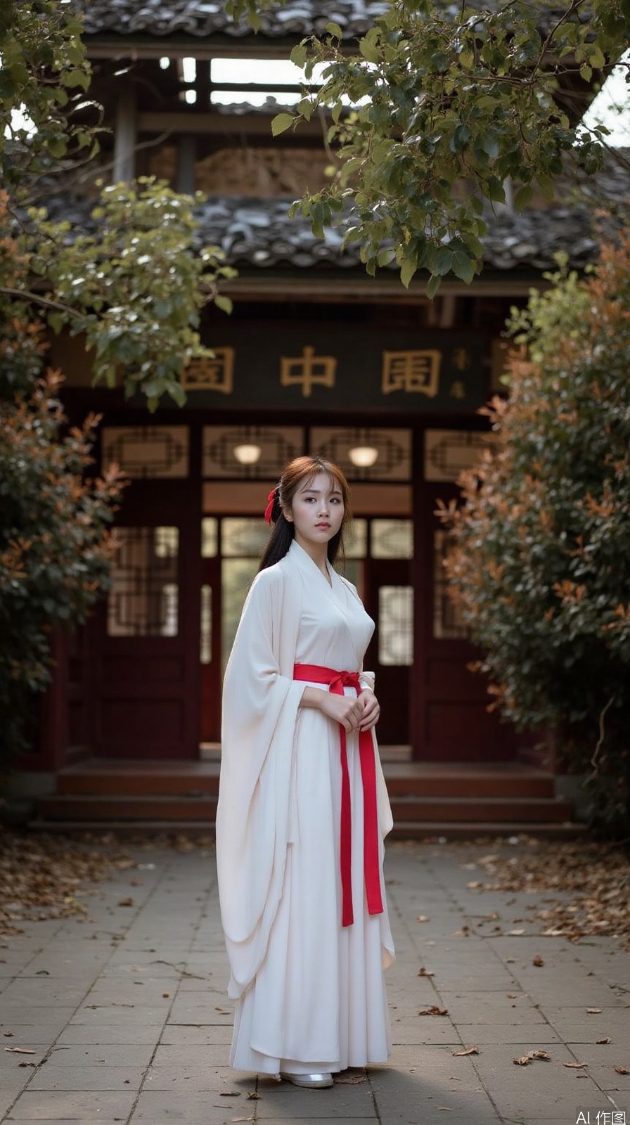 The image shows a young woman standing in front of a traditional Chinese building. She is wearing a long, flowing white dress with a red ribbon tied around her waist. The dress has a high neckline and long sleeves. The woman has long dark hair styled in loose waves and is looking off to the side with a serious expression on her face. The building behind her is made of wood and has intricate Chinese characters written on it. There are trees and bushes surrounding the building, and the ground is covered in fallen leaves. The overall mood of the image is peaceful and serene.