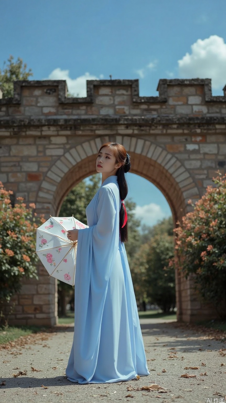 The image shows a young woman standing in front of a large stone wall. She is wearing a long, flowing blue dress with a high neckline and long sleeves. She has long dark hair tied up in a bun and is holding a white umbrella with pink and red flowers on it. The woman appears to be looking off into the distance with a contemplative expression on her face. The wall behind her is made of stone and has a large archway in the center. The sky is blue and there are a few clouds in the background.