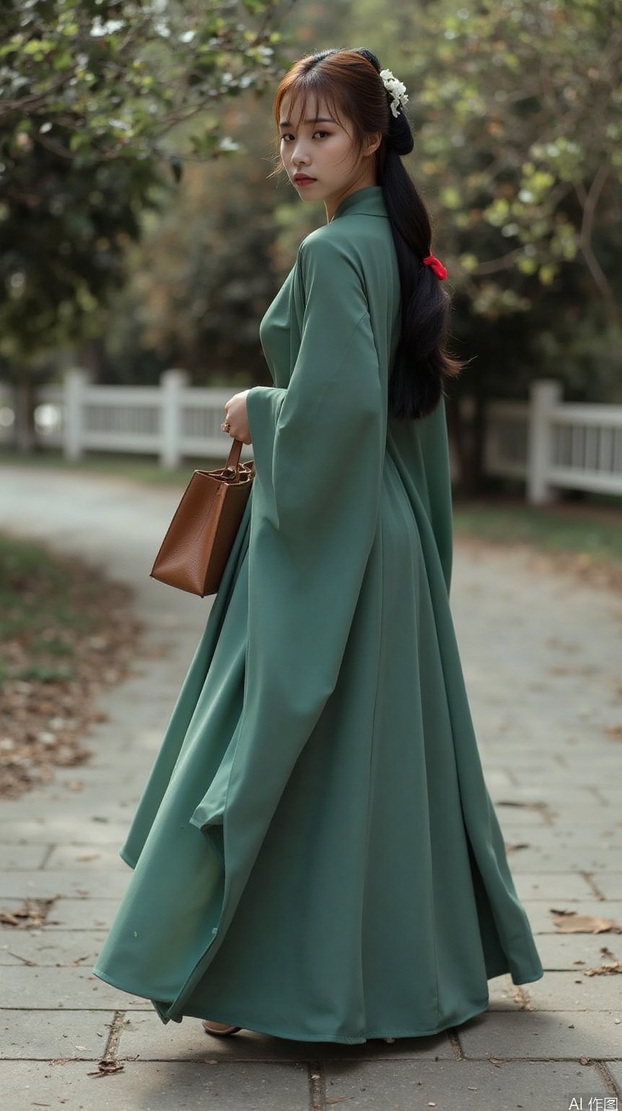 The image shows a young woman wearing a long, flowing green dress with a high neckline and long sleeves. She is standing on a stone pathway with trees and a white fence in the background. The woman has long black hair styled in a half-up, half-down hairstyle with a flower in her hair. She has a serious expression on her face and is holding a brown bag in her left hand. The dress is flowing and cascades down her back, creating a flowy silhouette. The overall mood of the image is elegant and graceful.
